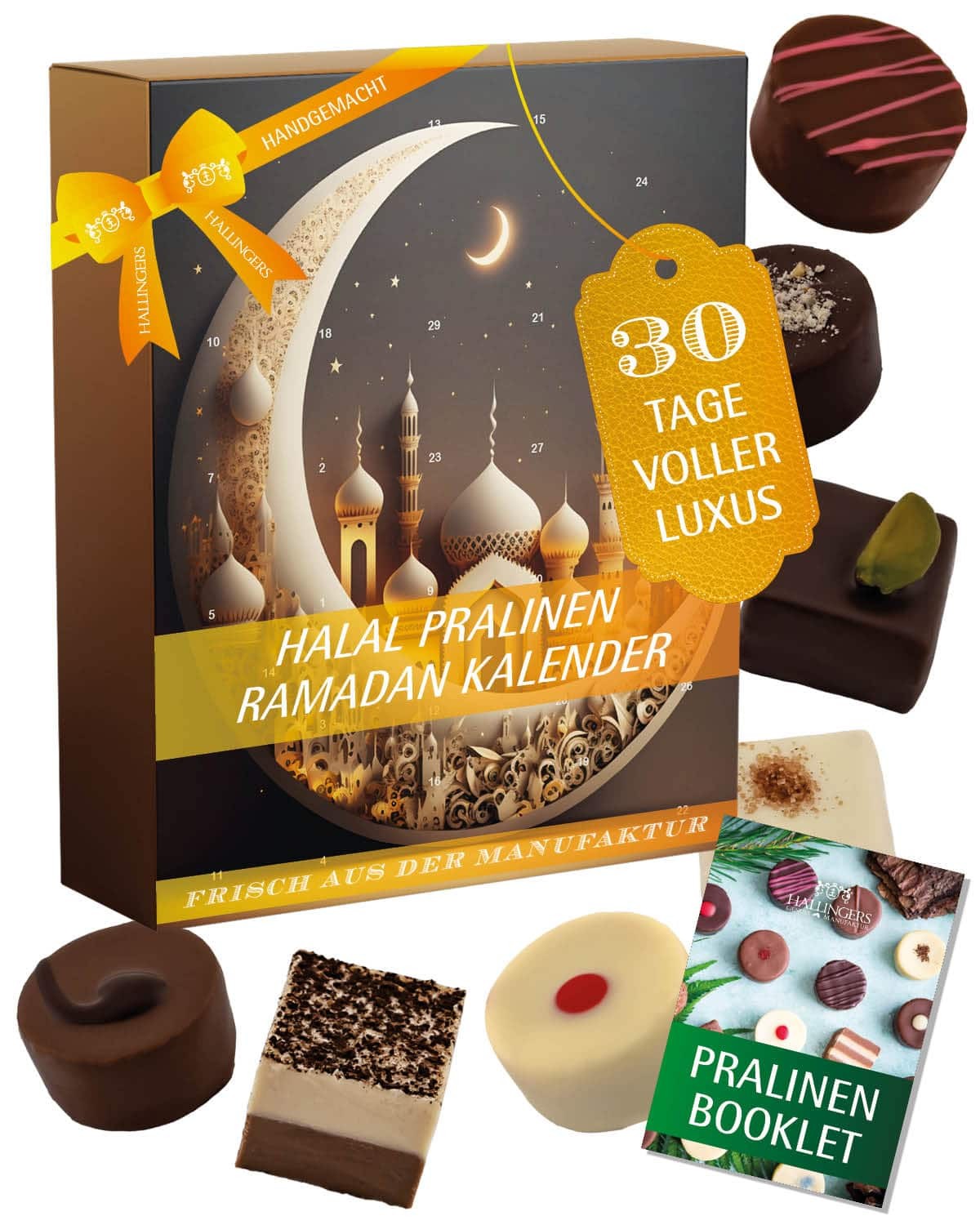 Pralinen Ramadan Kalender Halal ohne Alkohol – 30 handmade Premium Schoko Pralinen aus Edelkako "Kareem" Süßigkeiten Kinder & Erwachsene - Zuckerfest