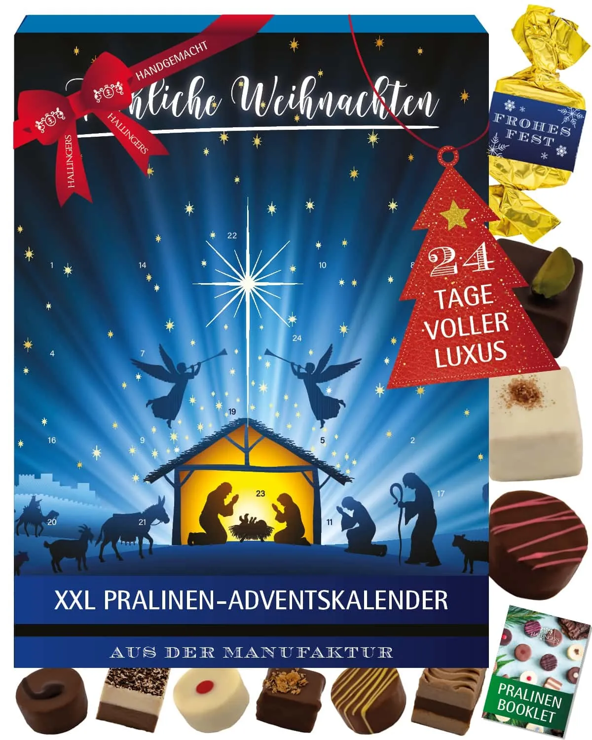 PRALINEN ADVENTSKALENDER OHNE ALKOHOL - 23 handgemachte Pralinen aus feinstem Edelkakao & 1 Nougat-Busserl hinter Türchen 24, stilvoll verpackt im hochwertigen XXL-Karton. Die besondere Geschenkidee für genussvolle Momente im Advent