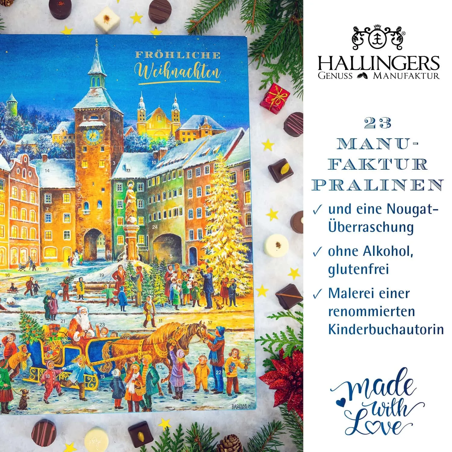 PRALINEN ADVENTSKALENDER OHNE ALKOHOL - 23 handgemachte Pralinen aus feinstem Edelkakao & 1 Nougat-Busserl hinter Türchen 24, stilvoll verpackt im hochwertigen XXL-Karton. Die besondere Geschenkidee für genussvolle Momente im Advent