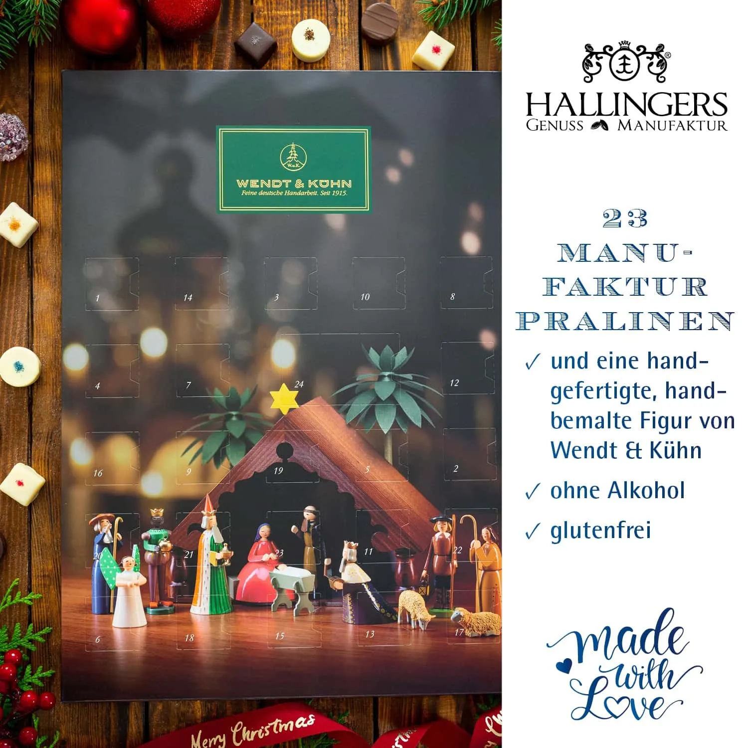 PRALINEN ADVENTSKALENDER OHNE ALKOHOL - 23 handgemachte Pralinen aus feinstem Edelkakao & 1 Holz-geschnitzter Wendt & Kühn Engel hinter Türchen 24, stilvoll verpackt im hochwertigen XXL-Karton. Besondere Geschenkidee für genussvollen Advent