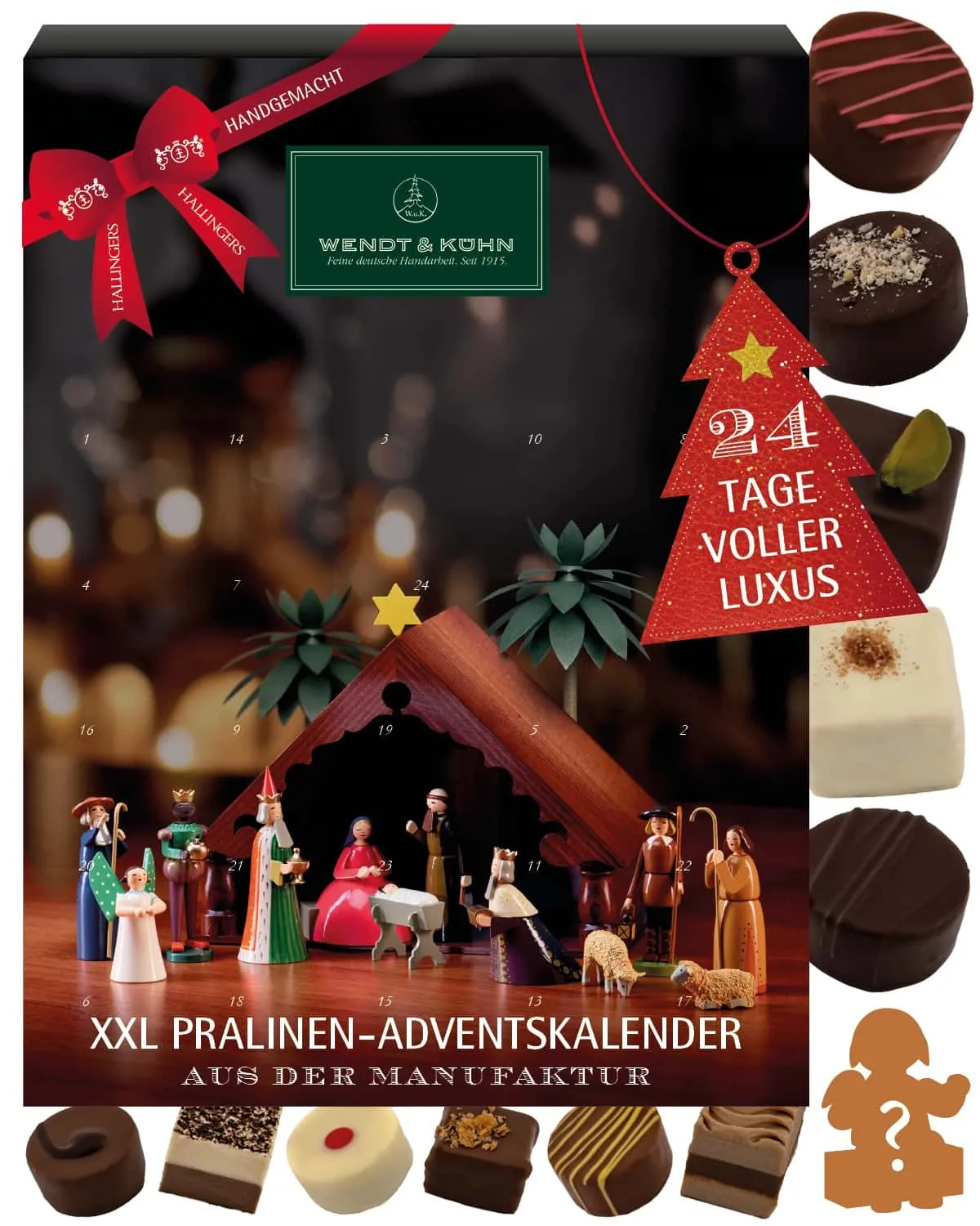 PRALINEN ADVENTSKALENDER OHNE ALKOHOL - 23 handgemachte Pralinen aus feinstem Edelkakao & 1 Holz-geschnitzter Wendt & Kühn Engel hinter Türchen 24, stilvoll verpackt im hochwertigen XXL-Karton. Besondere Geschenkidee für genussvollen Advent
