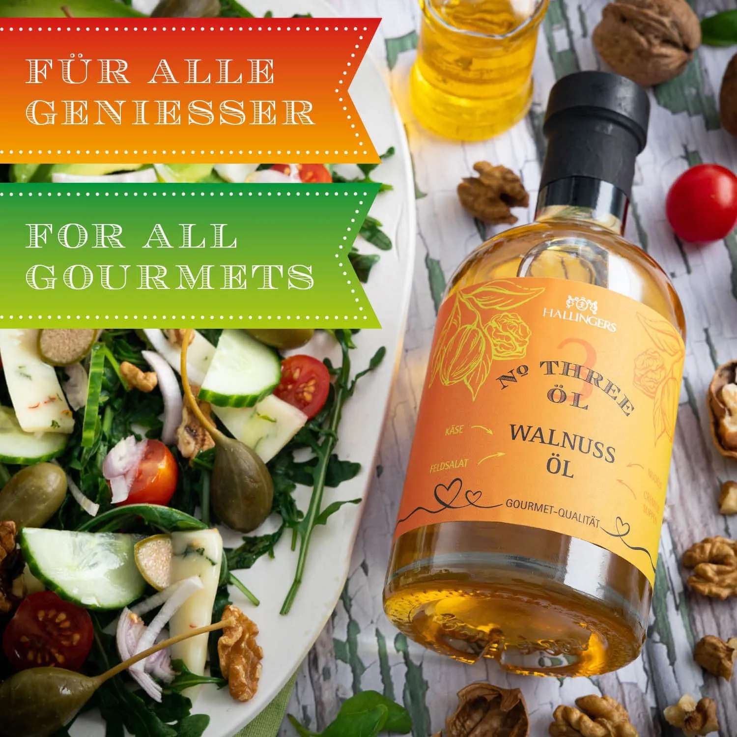 Hochwertiges Nussöl aus kaltgepressten Walnüssen.