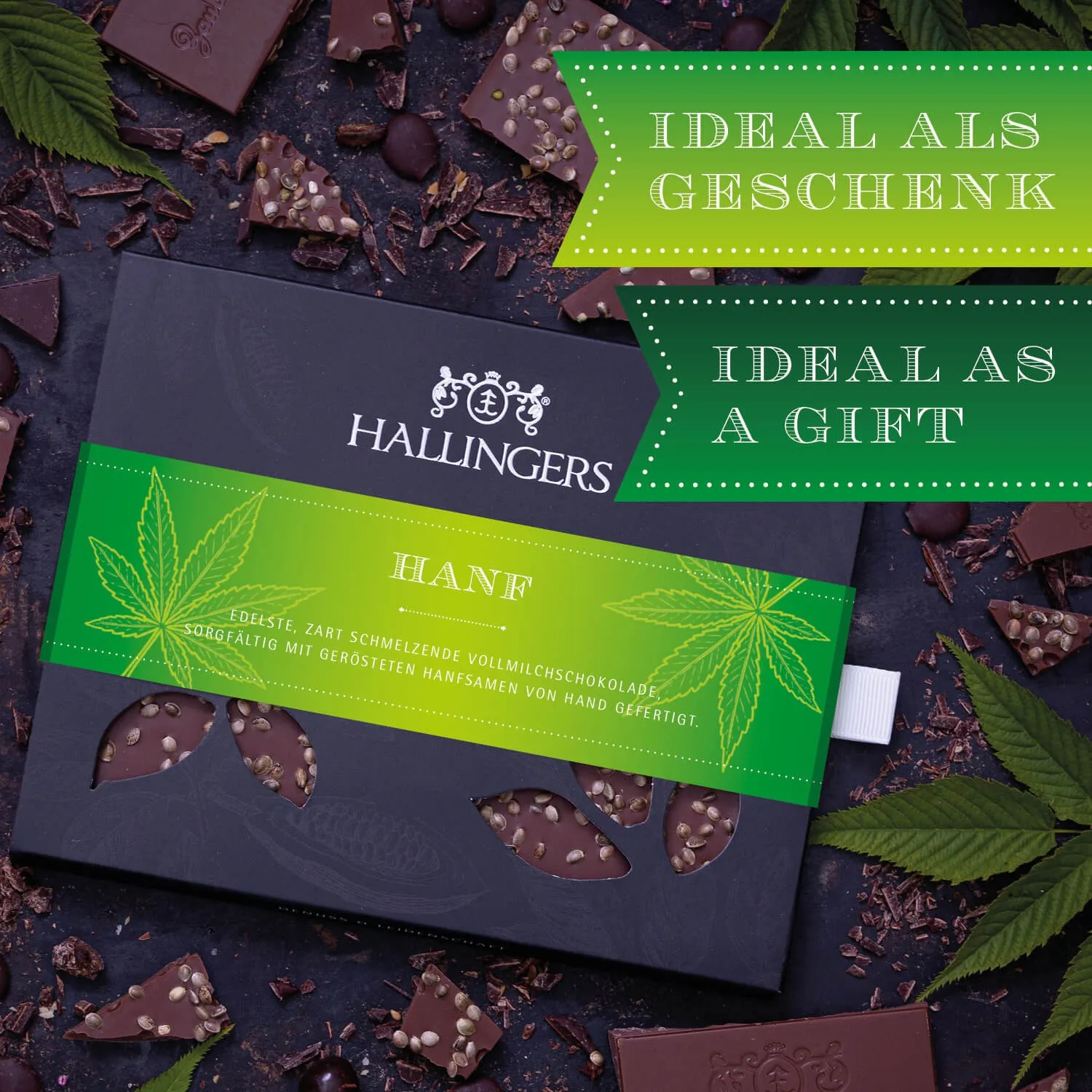 Cremige Vollmilchschokolade mit Hanfsamen.