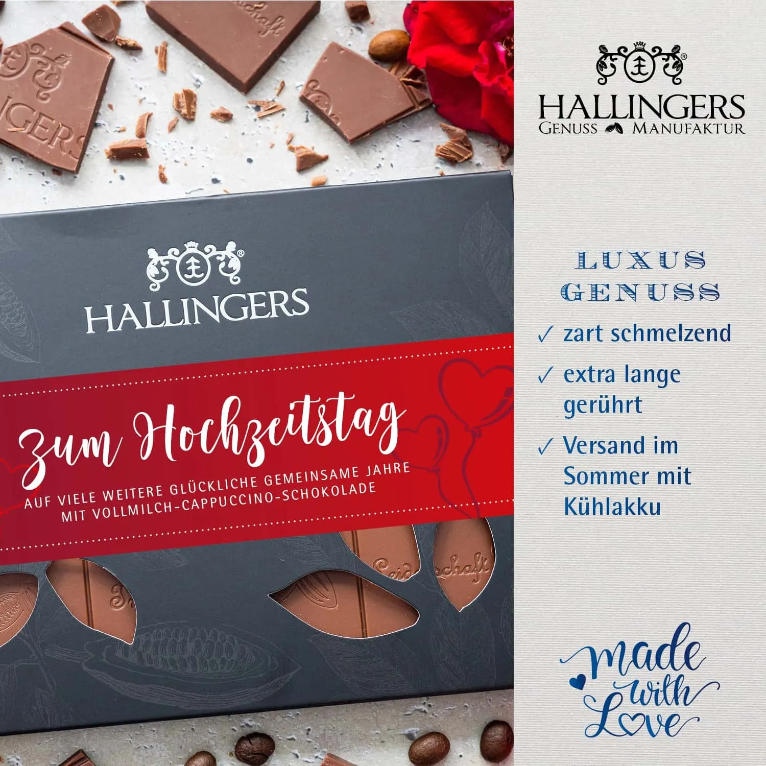 HANDWERK STATT MASSENWARE - Edition \Zum Hochzeitstag\: Während andere auf niedrige Kosten & hohe Stückzahlen setzen, überzeugt echte Premium-Schokolade durch Geschmackstiefe, Qualität & ein Genusserlebnis mit bleibendem Eindruck