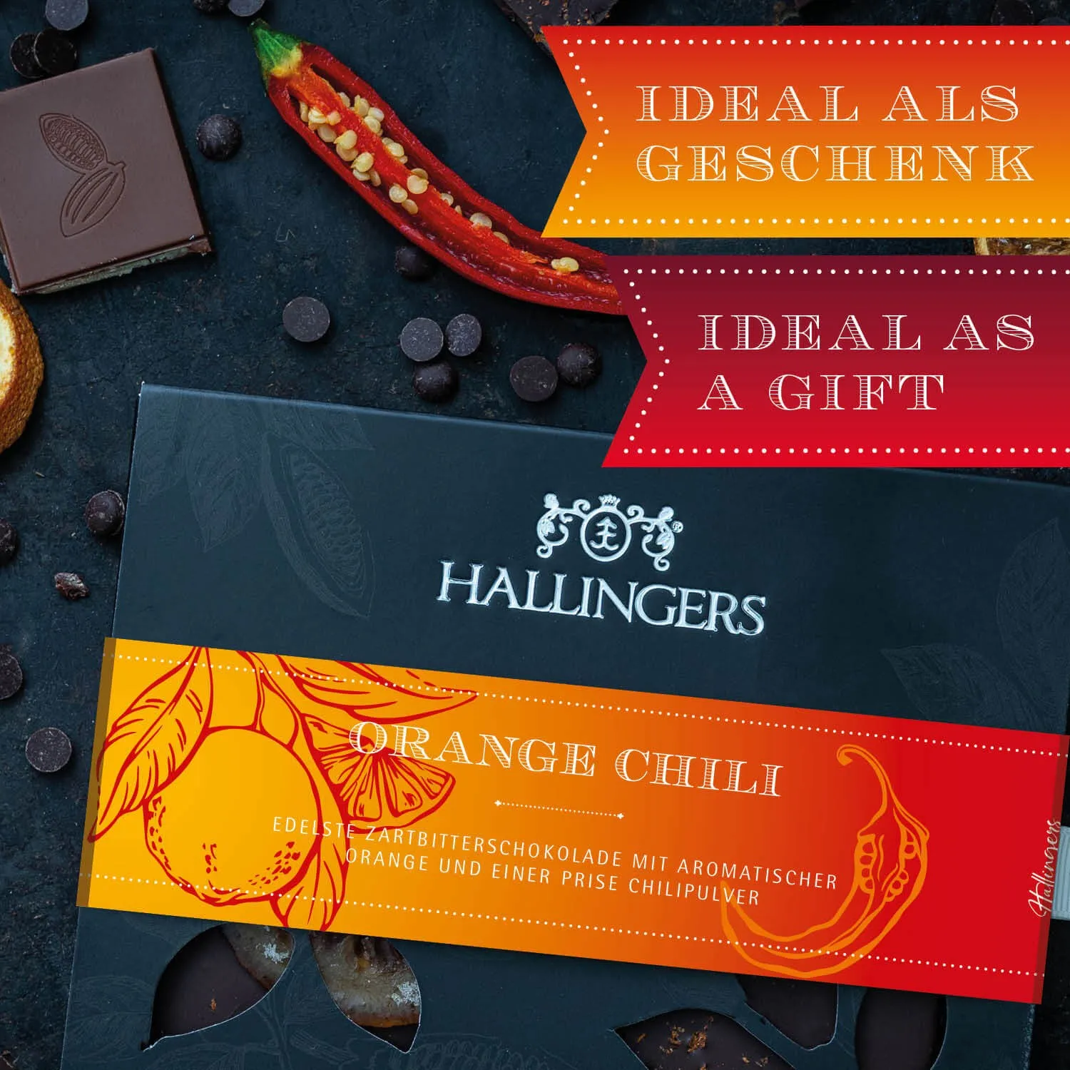 Mit echten Chiliflocken und einer kandierten Orange bestreut!