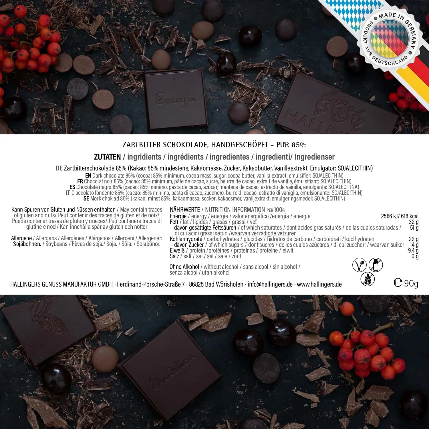 Waidmannsheil (Pur 85%) - Vegane Schokolade, handmade ohne Alkohol