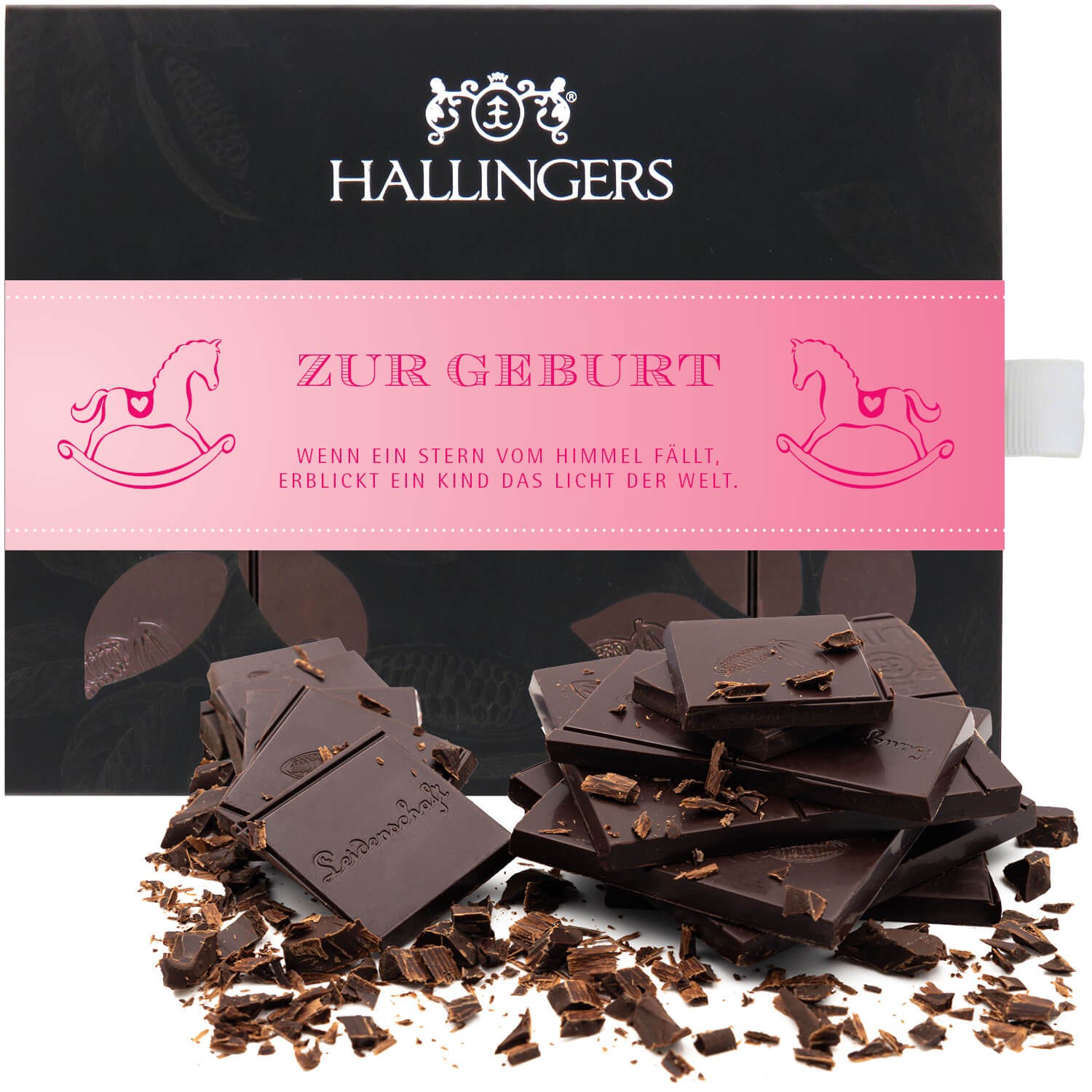 Vegane Schokolade Glückwunsch-Geschenk - handmade ohne Alkohol "Zur Geburt" - Hallingers Genuss Manufaktur