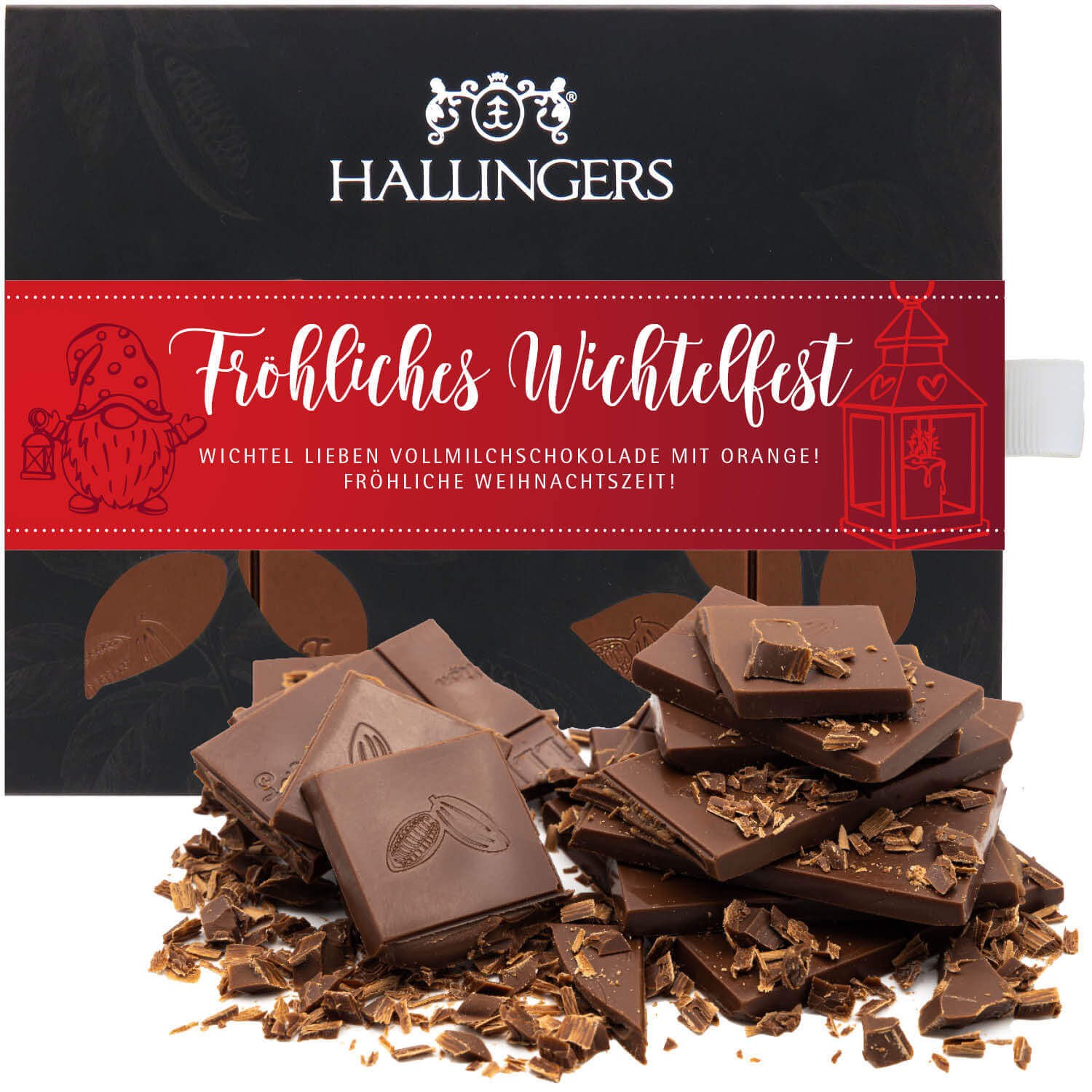 Schokoladen Geschenk Weihnachten - Tafel Vollmilch Edel-Kakao mit Orange - handmade ohne Alkohol, edle Geschenkverpackung "Fröhliches Wichtelfest", Ge