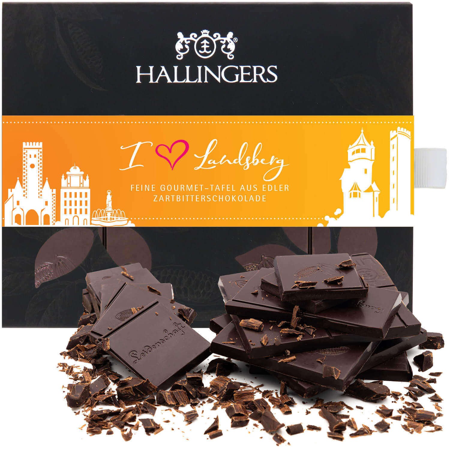 Schokoladen Geschenk - Tafel Vegane Schokolade Zartbitter-Edelkakao 85% pur - handmade ohne Alkohol, edle Geschenkverpackung "I love Landsberg - Zartb