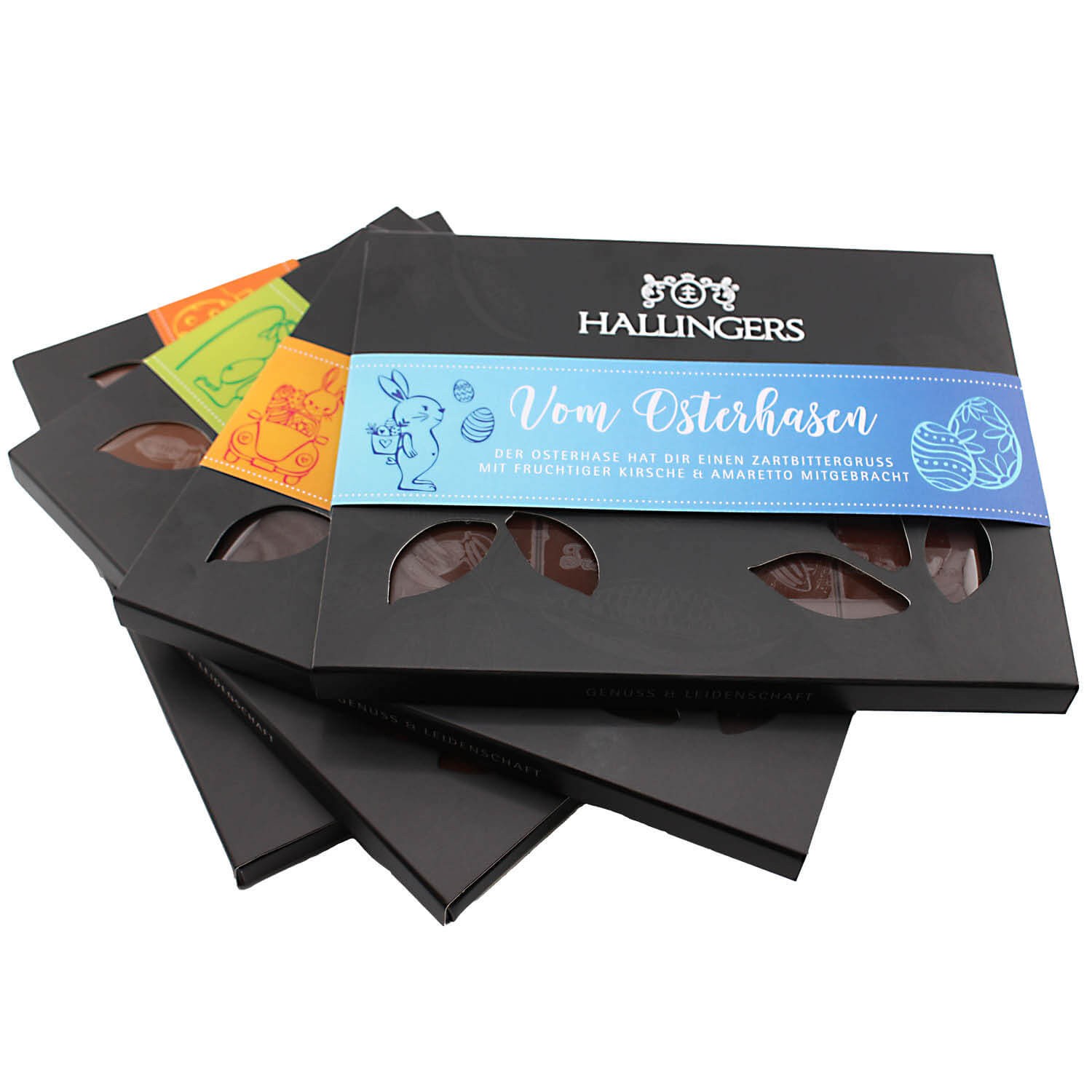 Schokoladen Geschenk Ostern - Tafel Ostergeschenke für ins Osterkörbchen, 4er Osterset handmade Tafeln Oster Schokolade, edle Geschenkverpackung "4 Os