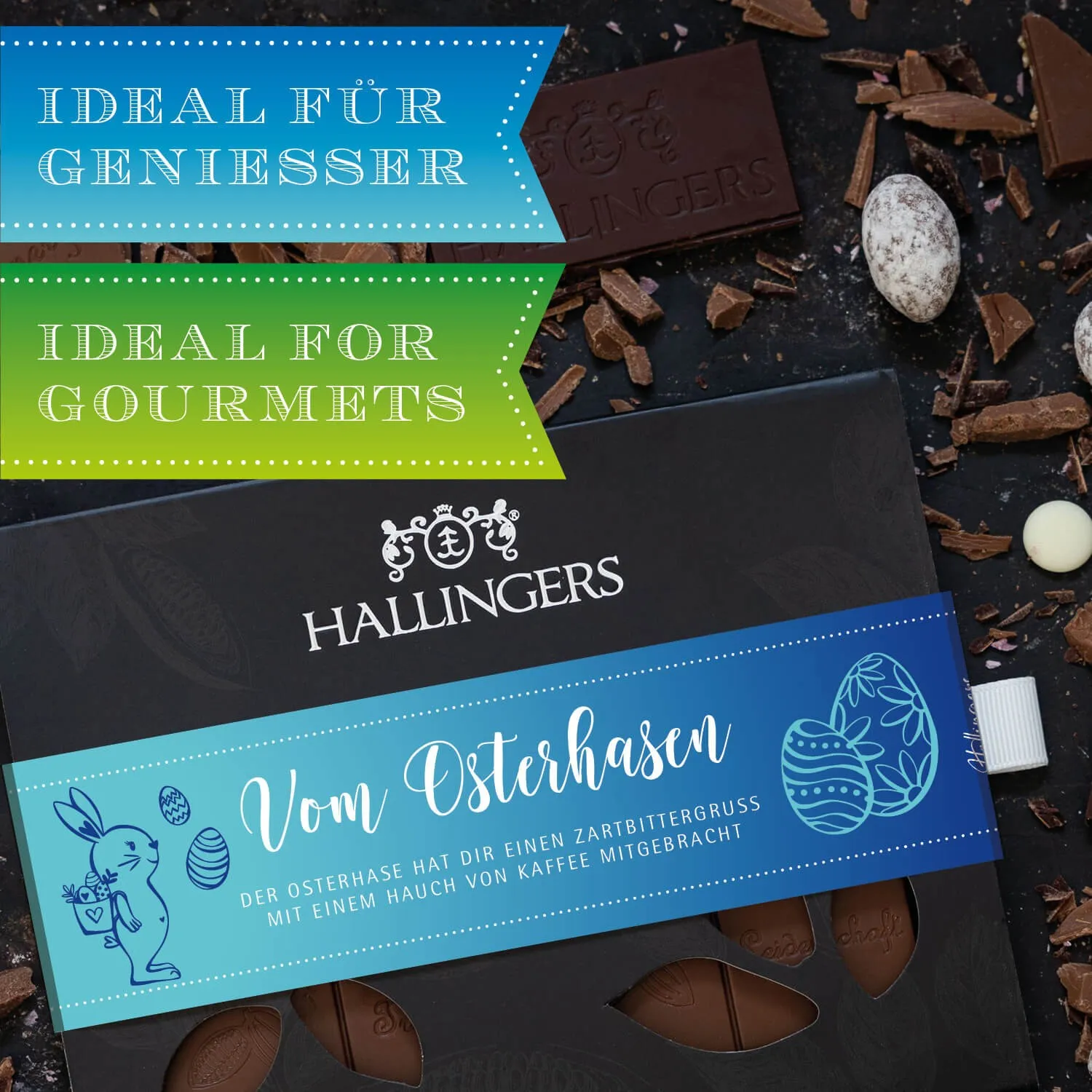 Entdecken Sie unsere fantastischen Osterdesigns in Premiumqualität! Und genießen Sie von unsere handgegossenen Meisterschokoladentafeln!
