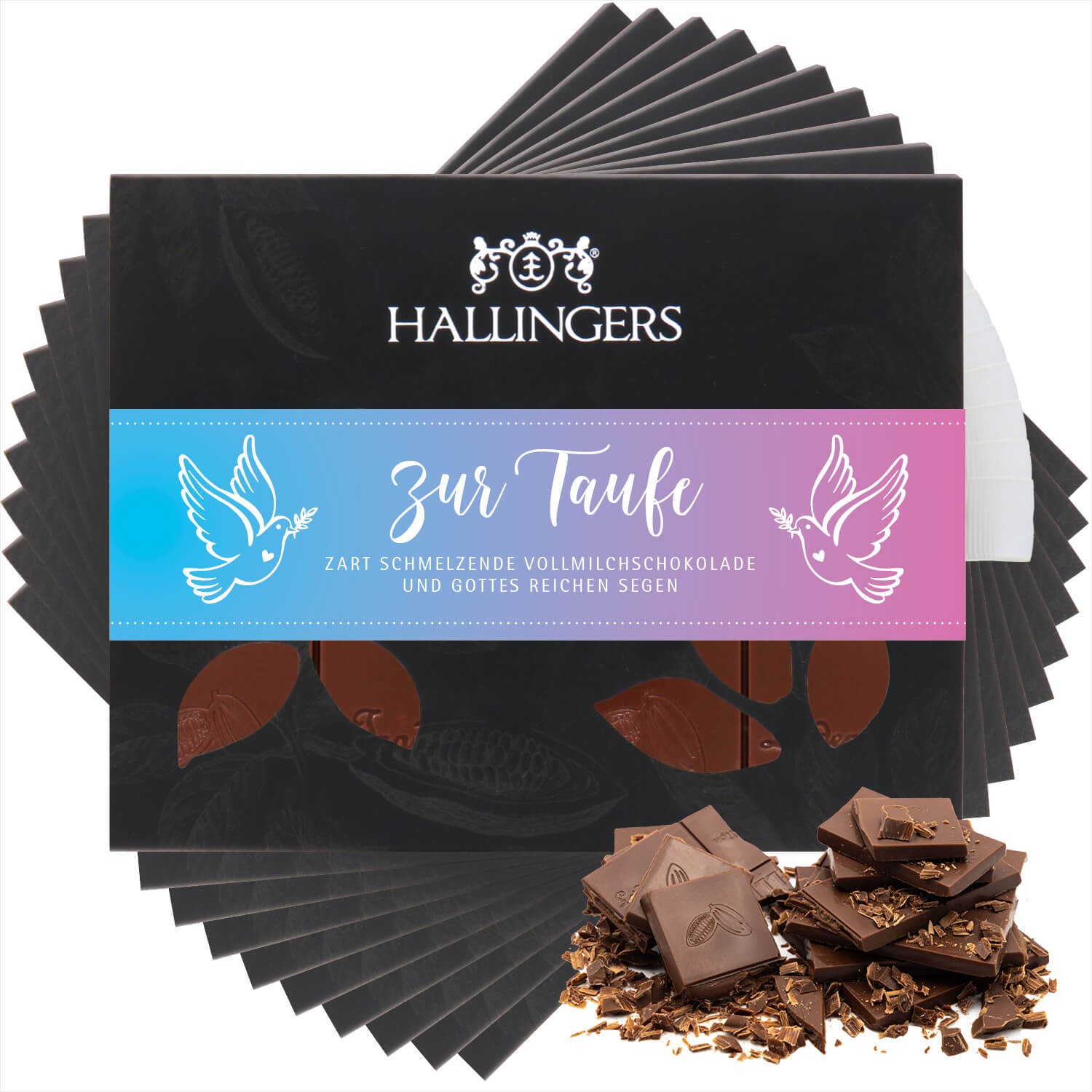 Schokoladen Geschenk - Tafel Vollmilch Edel-Kakao Pur - handmade ohne Alkohol, edle Geschenkverpackung "10x Zur Taufe", genussvolle Geschenkidee (900g