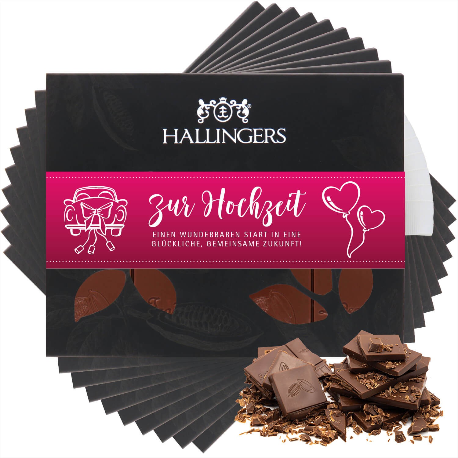 Schokoladen Geschenk - Tafel Vollmilch Edel-Kakao Pur - handmade ohne Alkohol, edle Geschenkverpackung "10x Zur Hochzeit Pink", genussvolle Geschenkid