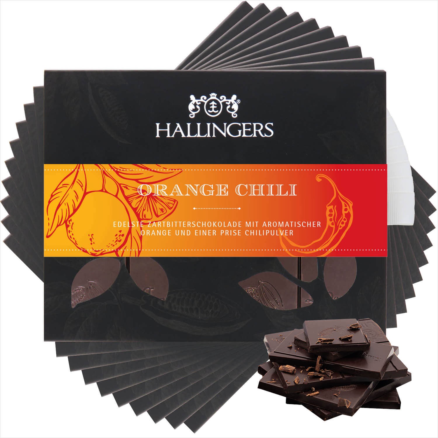 Vegane Schokolade Geschenk - handmade ohne Alkohol 10x "Orange-Chili" - Hallingers Genuss Manufaktur