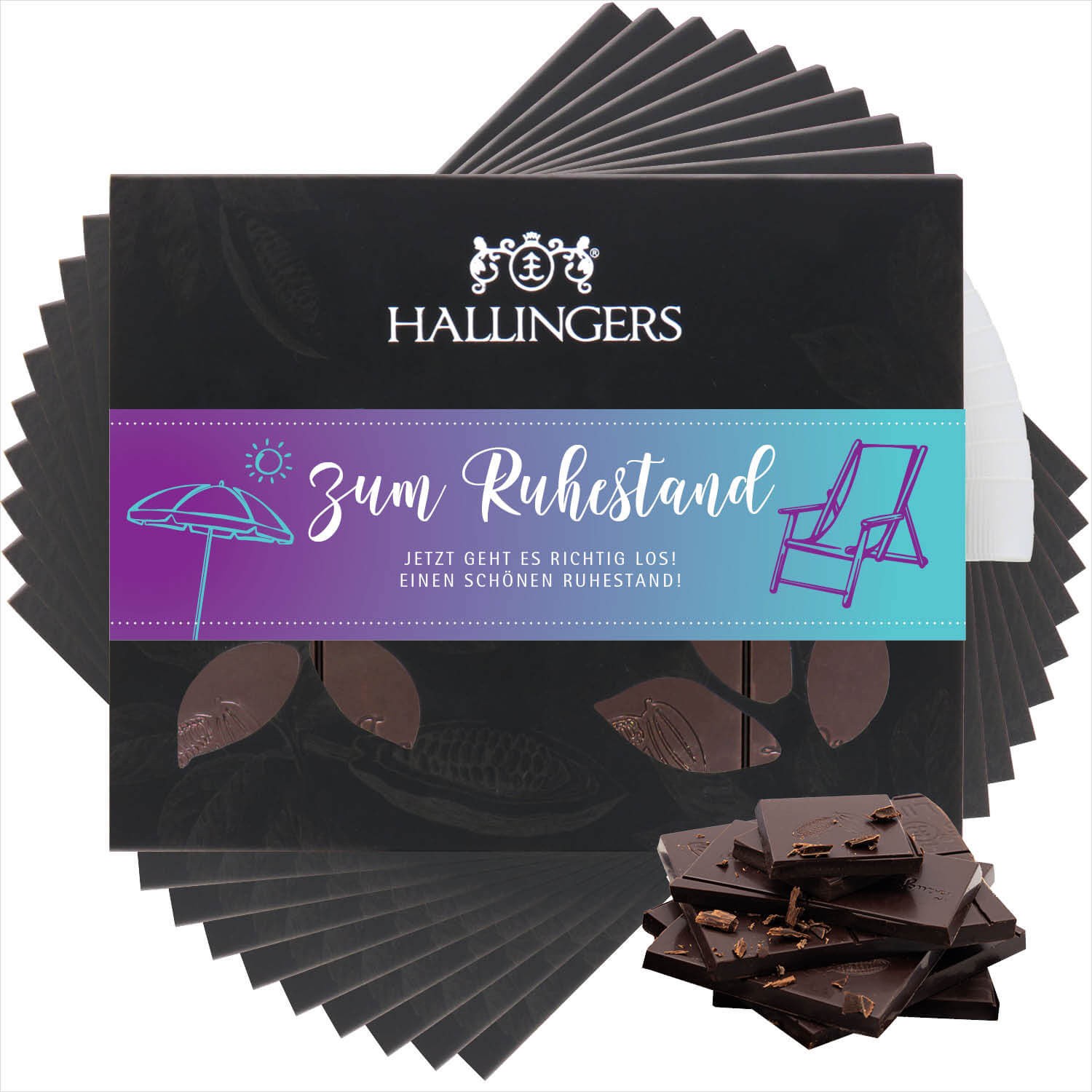 Vegane Schokolade Glückwunsch-Geschenk - handmade ohne Alkohol 10x "Zum Ruhestand" - Hallingers Genuss Manufaktur