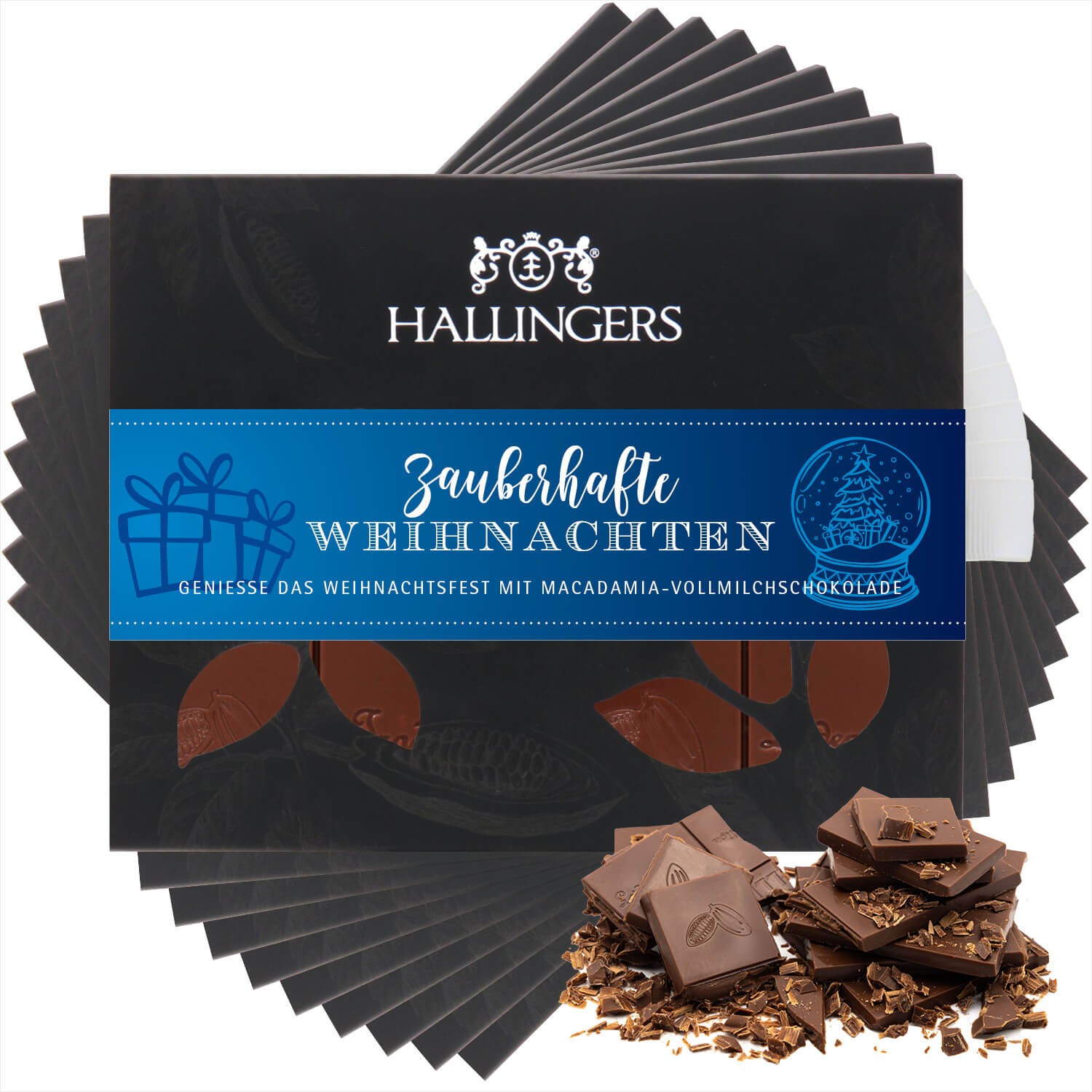 Schokoladen Geschenk Weihnachten - Tafel Vollmilch Edel-Kakao mit Macadamia-Nougat - handmade ohne Alkohol, edle Geschenkverpackung "10x Zauberhafte W