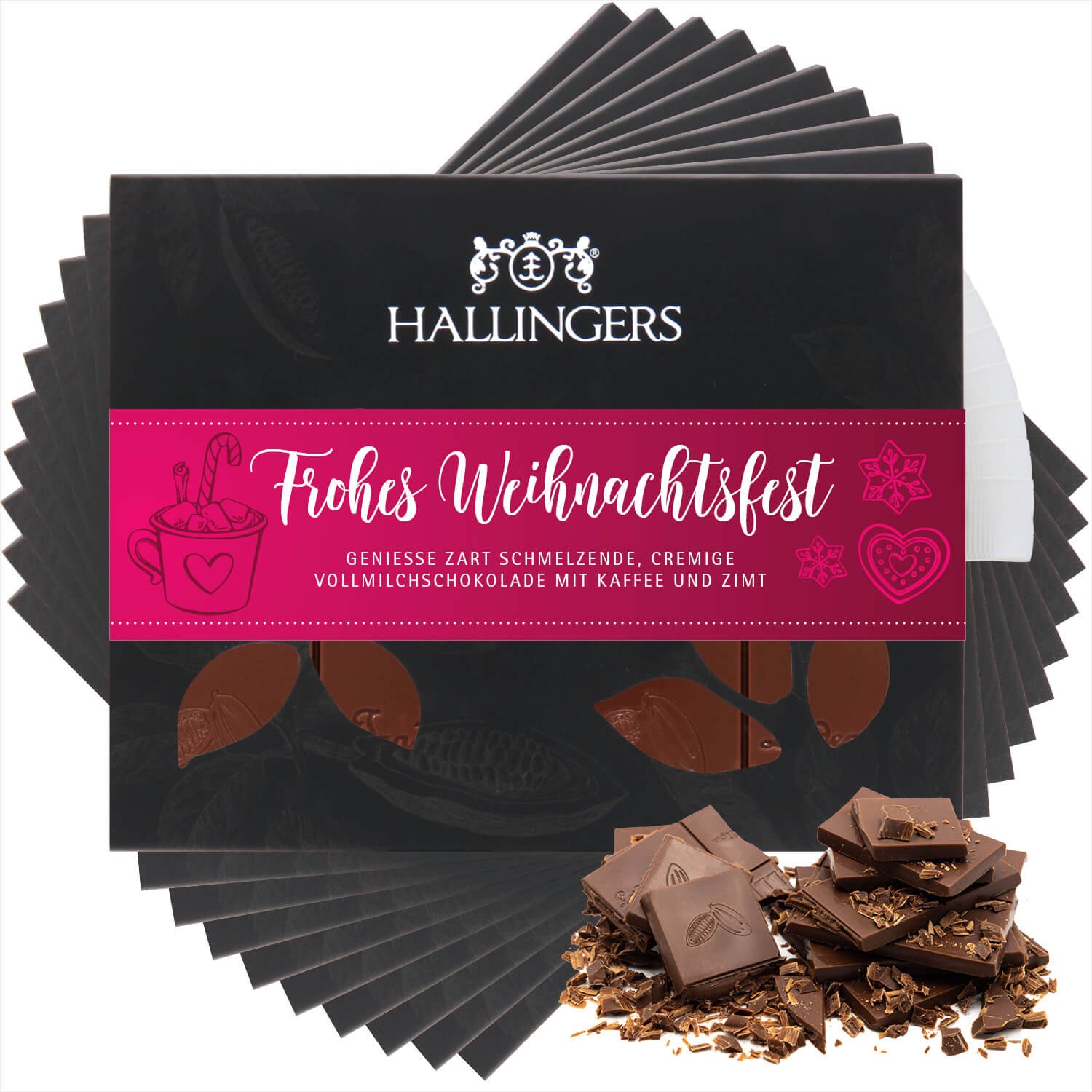 Schokoladen Geschenk Weihnachten - Tafel Vollmilch Edel-Kakao mit Kaffee & Zimt - handmade ohne Alkohol, edle Geschenkverpackung "10x Frohes Weihnacht