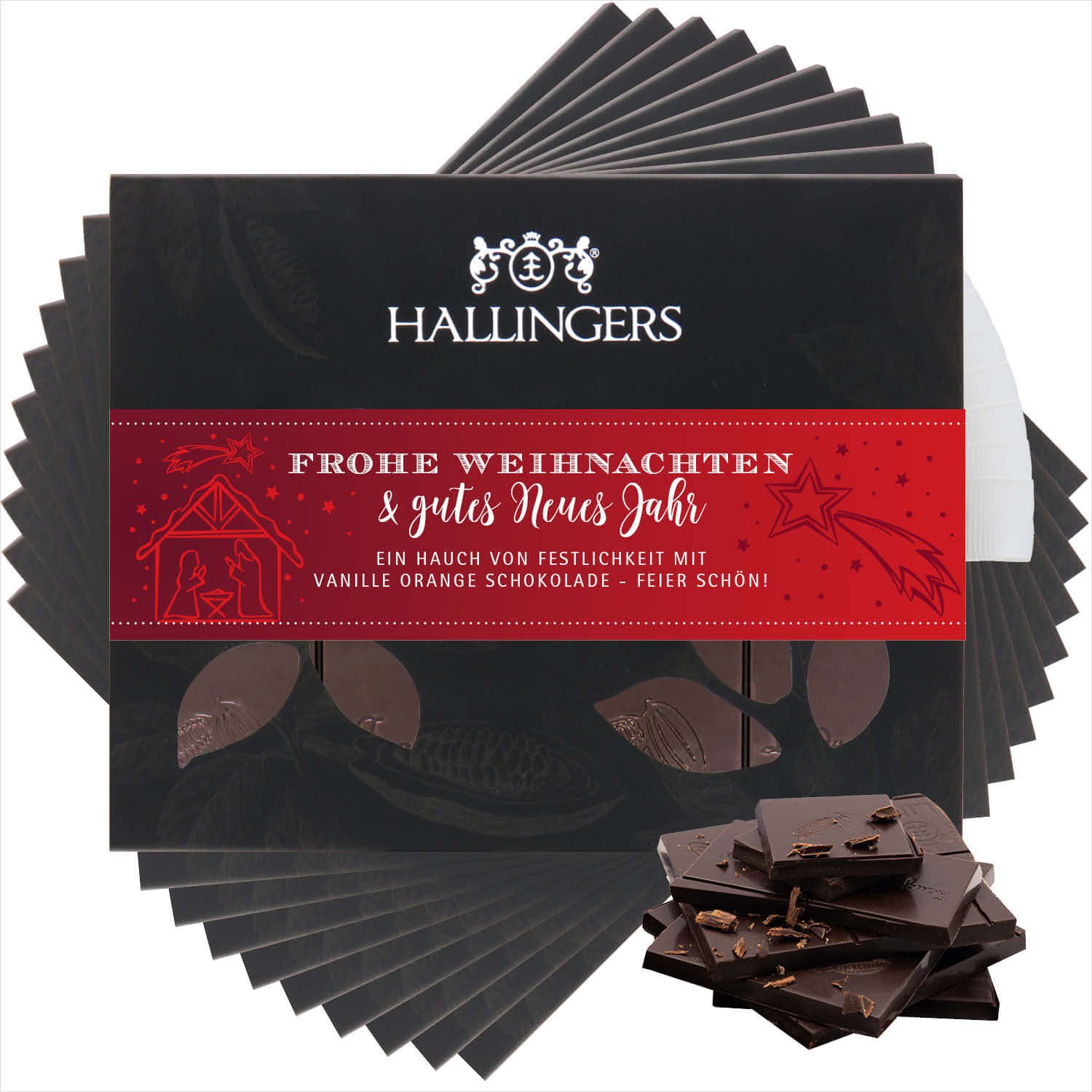 Vegane Schokolade Geschenk Weihnachten - handmade ohne Alkohol 10x "Frohe Weihnachten & ..." - Hallingers Genuss Manufaktur