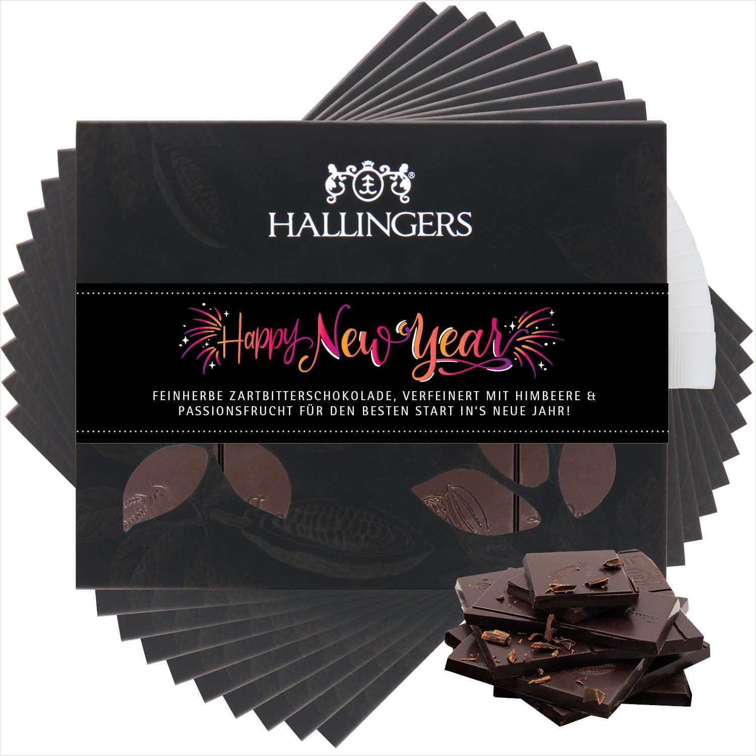 Vegane Schokolade Geschenk Weihnachten - handmade ohne Alkohol 10x "Happy New Year Pink" - Hallingers Genuss Manufaktur