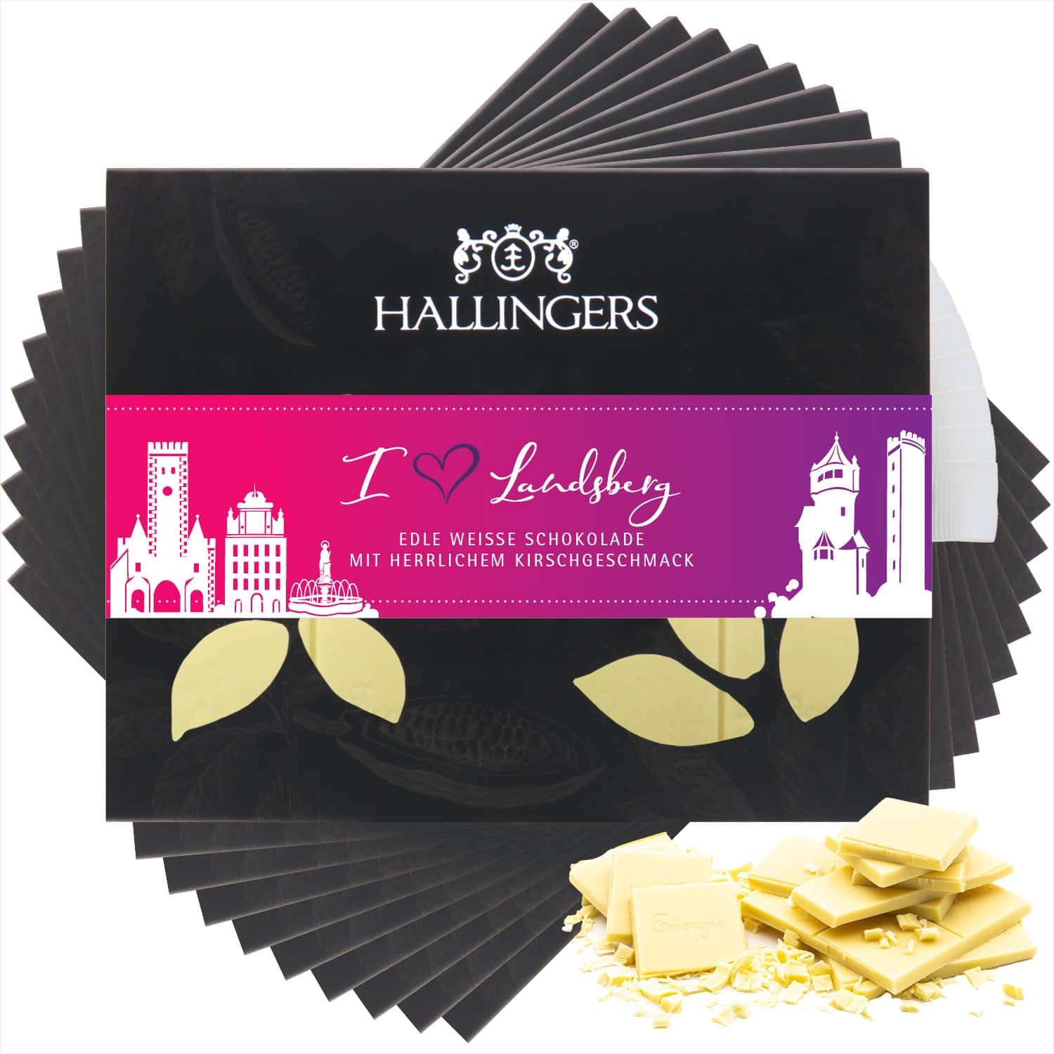 Weiße Schokolade Geschenk - handmade ohne Alkohol 10x "I love Landsberg" - Hallingers Genuss Manufaktur