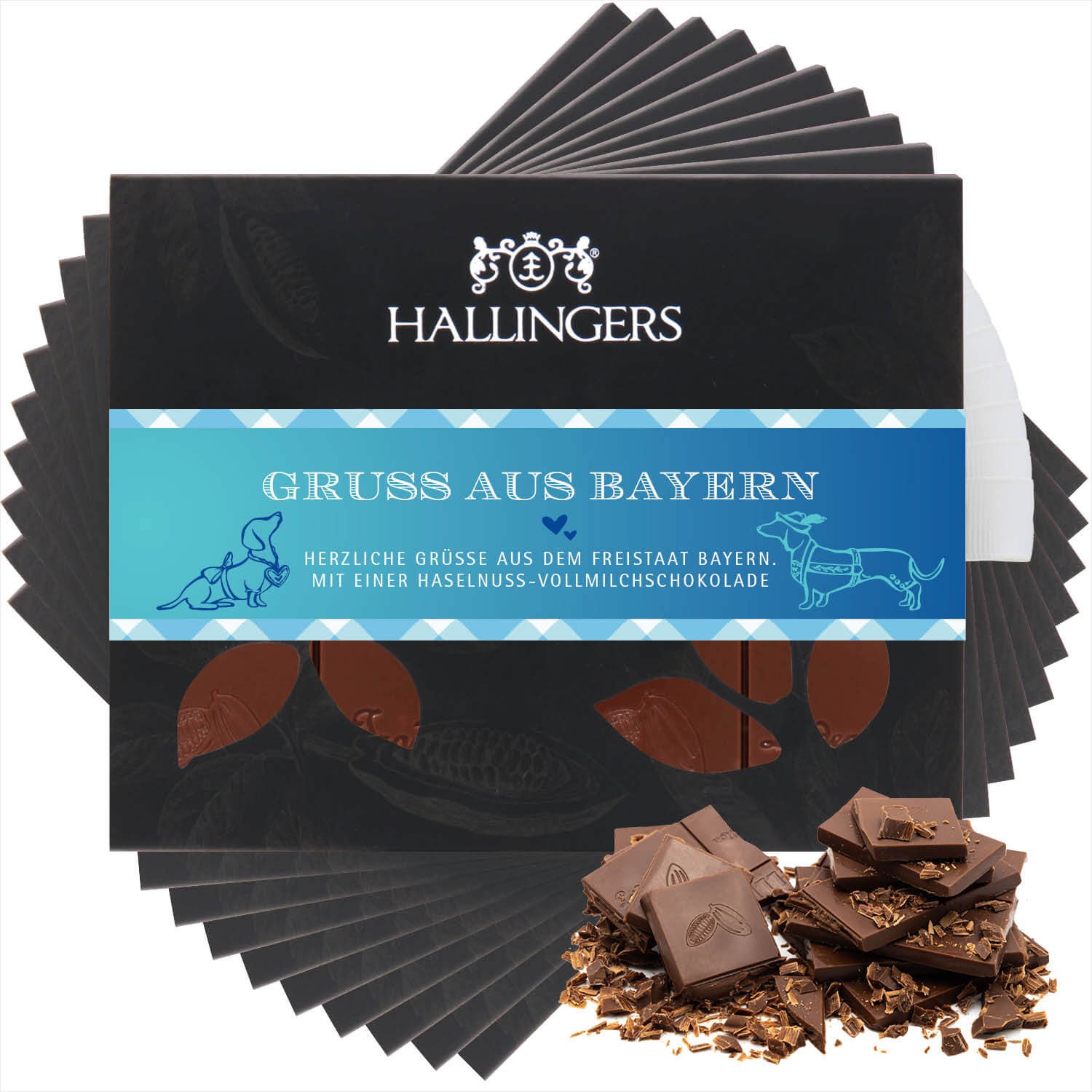 Schokoladen Geschenk - Tafel Vollmilch Edel-Kakao mit Haselnuss-Nougat - handmade ohne Alkohol, edle Geschenkverpackung "10x Gruß aus Bayern", genussv