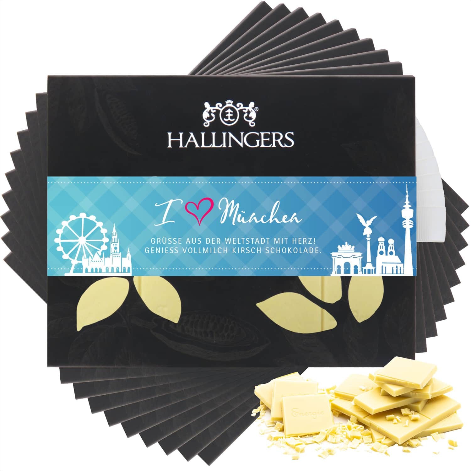 Schokoladen Geschenk - Tafel Weiße Edel-Kakao mit Kirsche - handmade ohne Alkohol, edle Geschenkverpackung "10x I love München", genussvolle Geschenki