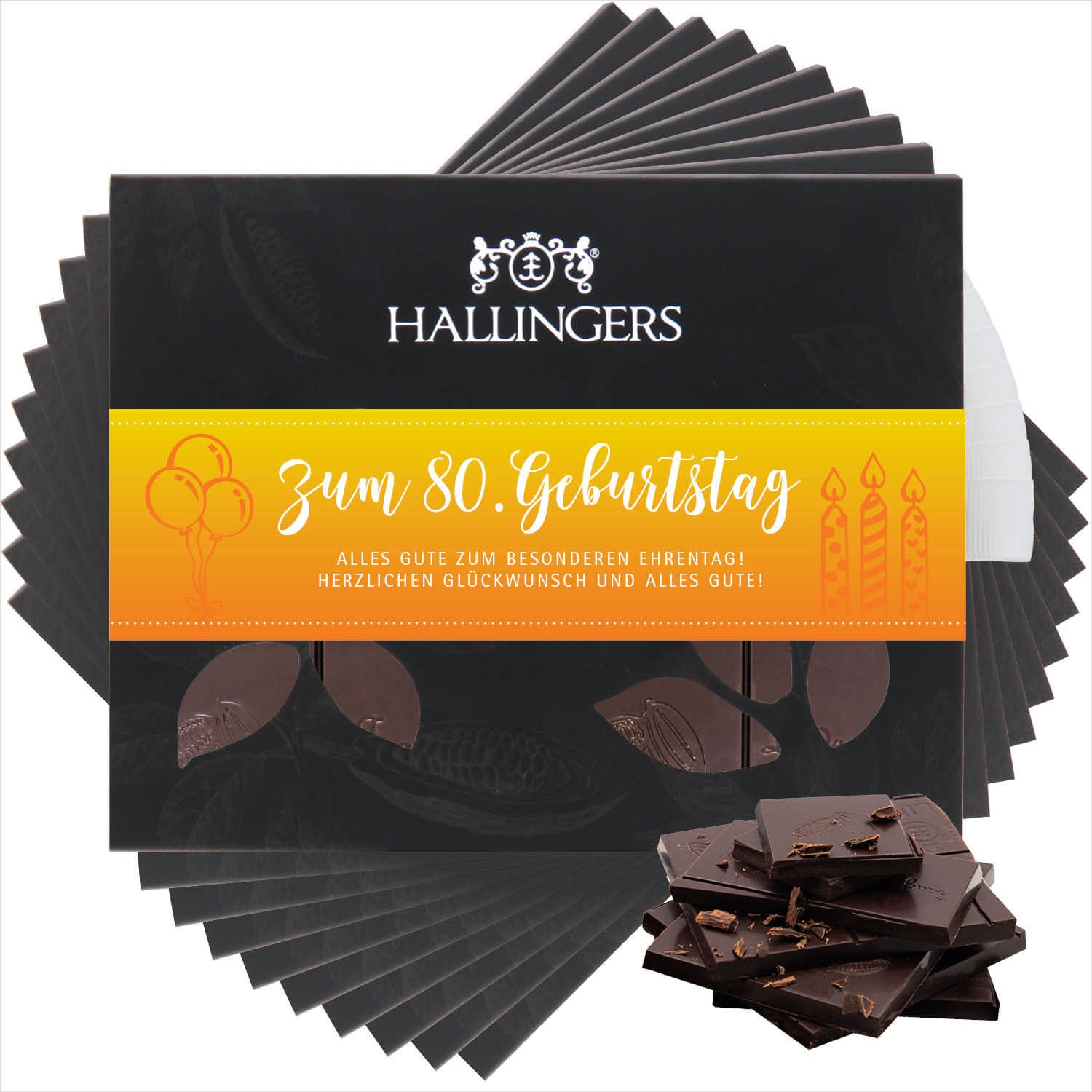 Vegane Schokolade Geburtstagsgeschenk - handmade ohne Alkohol 10x "Zum 80. Geburtstag" - Hallingers Genuss Manufaktur