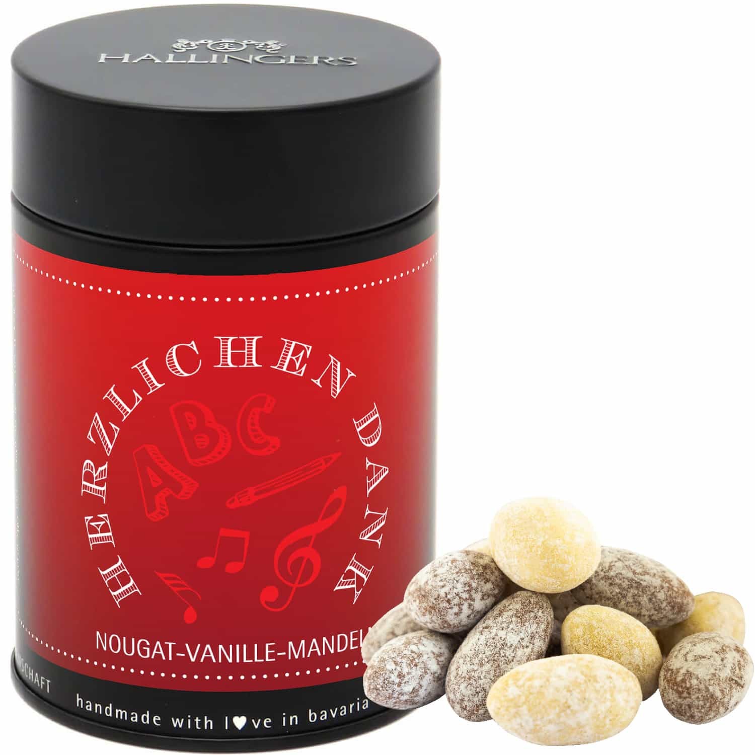 Nougat-Mandeln Glückwunsch-Geschenk - handmade ohne Alkohol "Herzlichen Dank Schule" - Hallingers Genuss Manufaktur