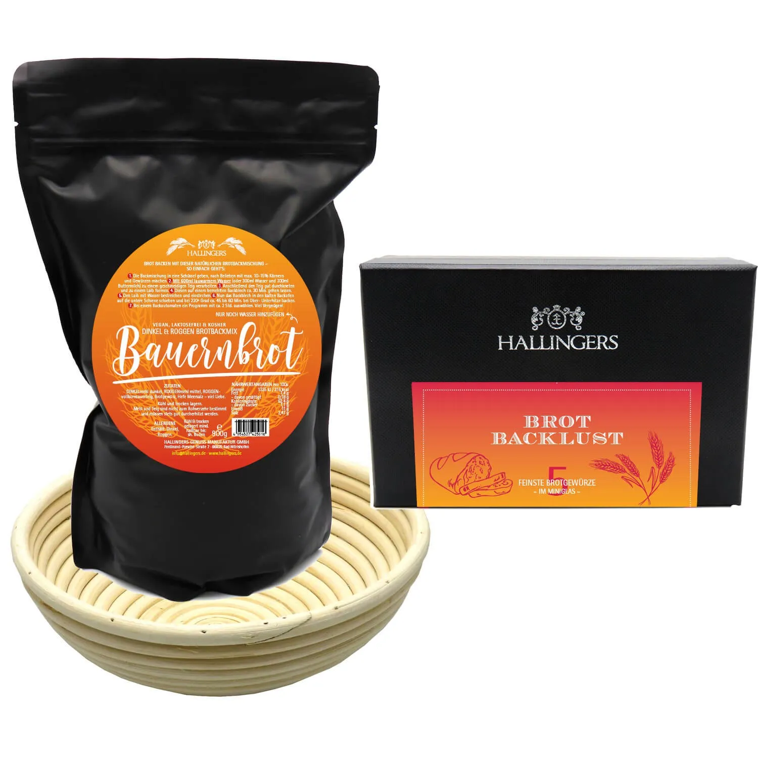 Komplett-Set Bauernbrotmix, Gewürze und Gärkorb (Geschenkkorb)