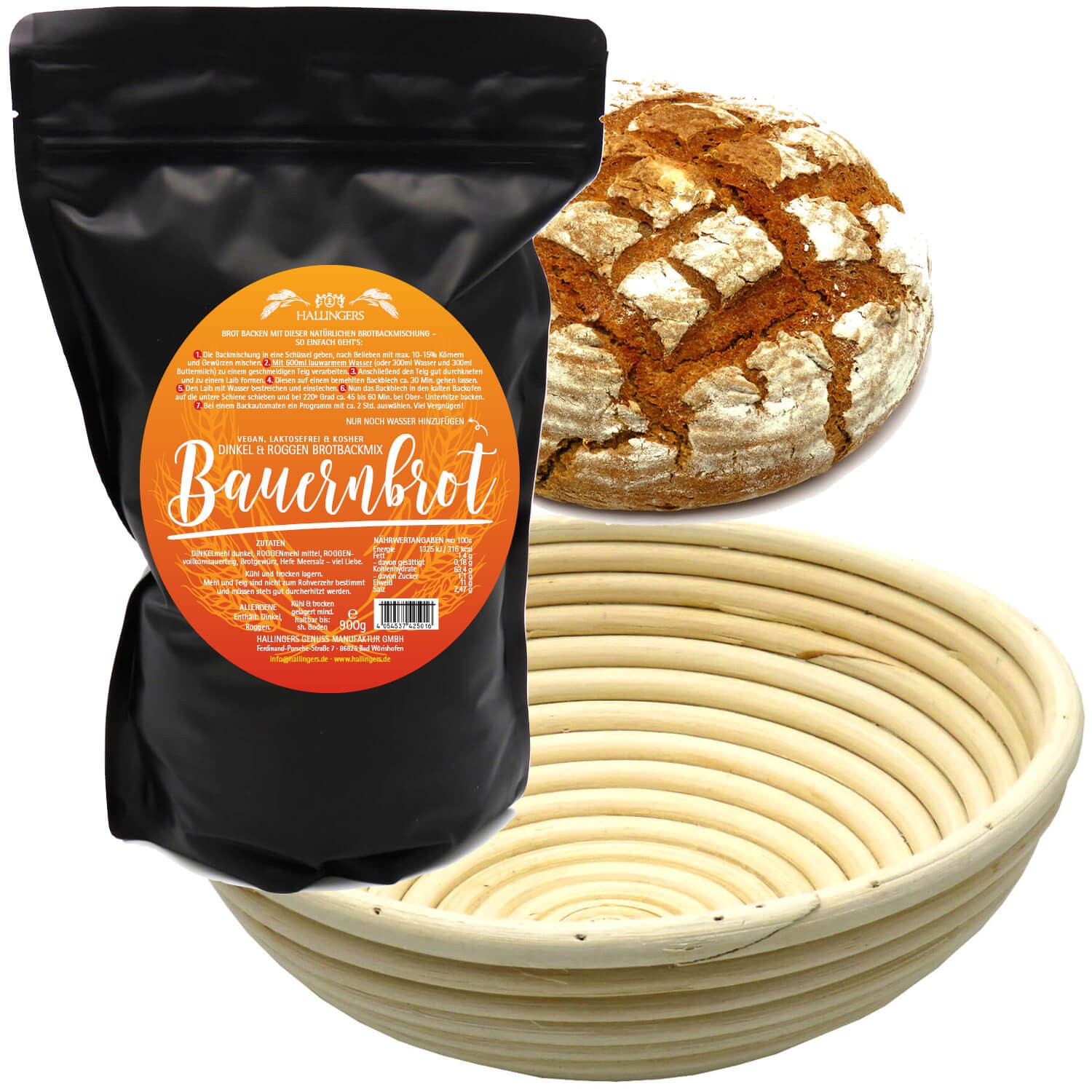 Natürliche Brotbackmischung frisch aus der Mühle im Gärkorb-Set (900g) - Set Bauernbrotmix, Backmix und Gärkorb