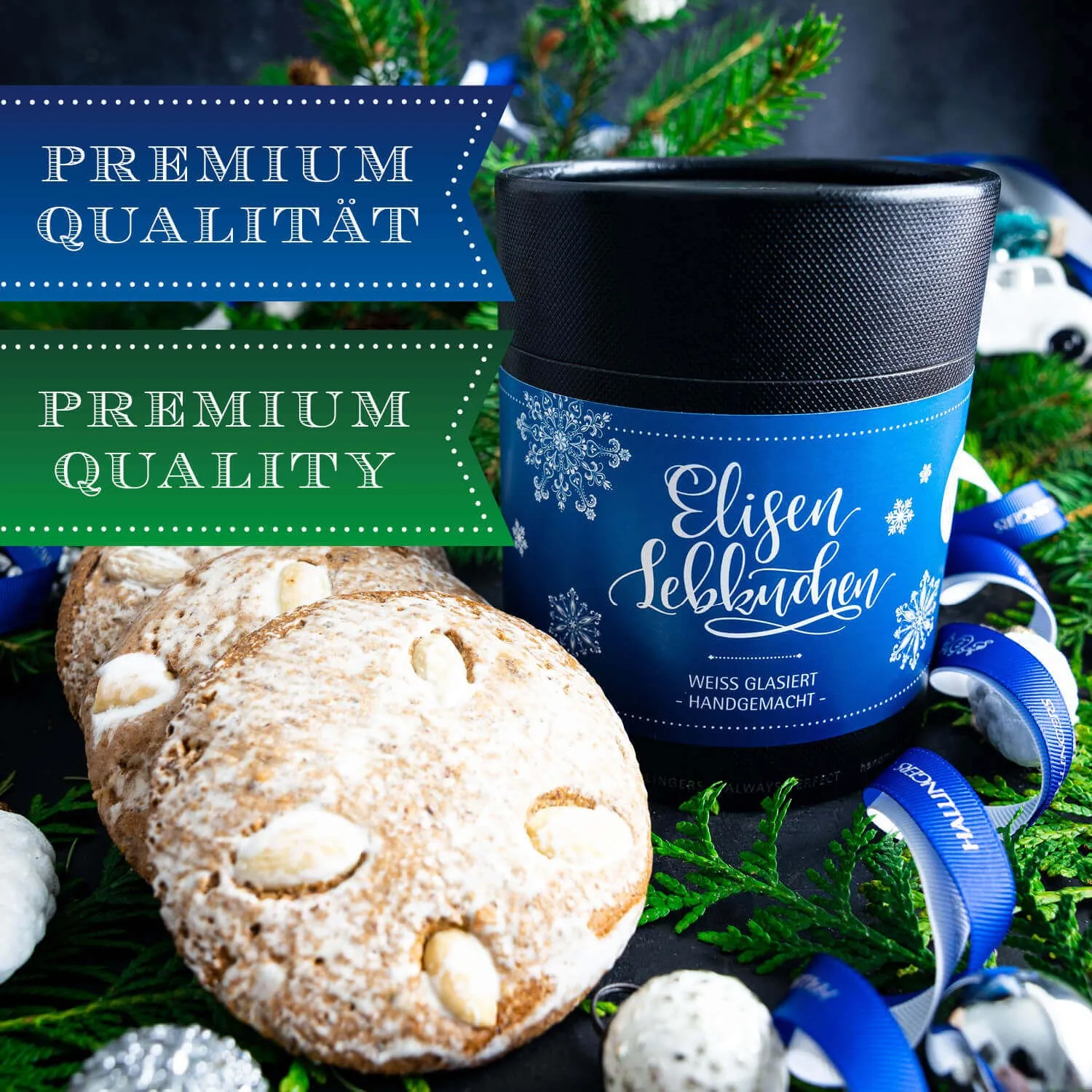 Frisch geröstete Haselnüsse und Mandeln machen unsere Elisen besonders saftig - besonders hoher Nussanteil.