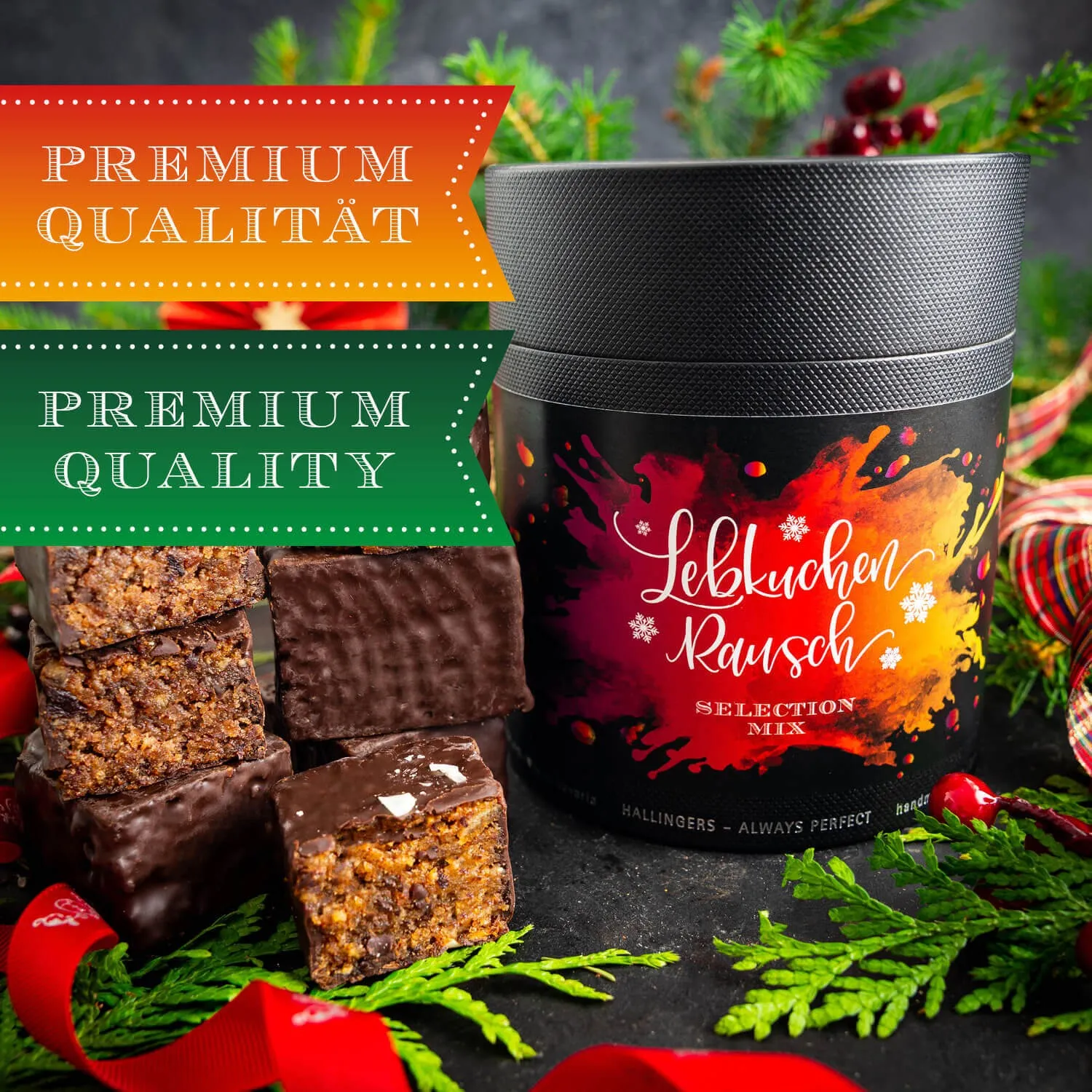 Handgemachte, schokoladige Lebkuchenwürfel verfeinert mit Williams Christ Brand, Whiskey und Rum!