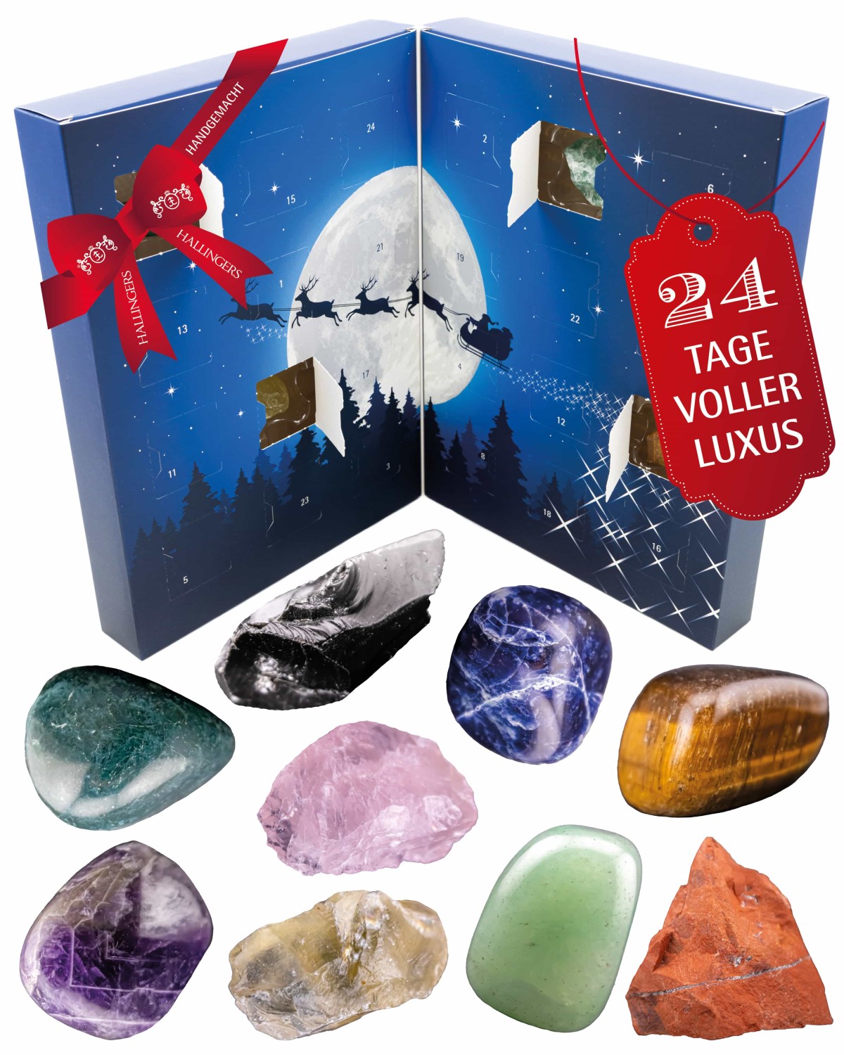 Edelsteine Adventskalender - 12x poliert & 12x natur "Mondschein" - Hallingers Genuss Manufaktur