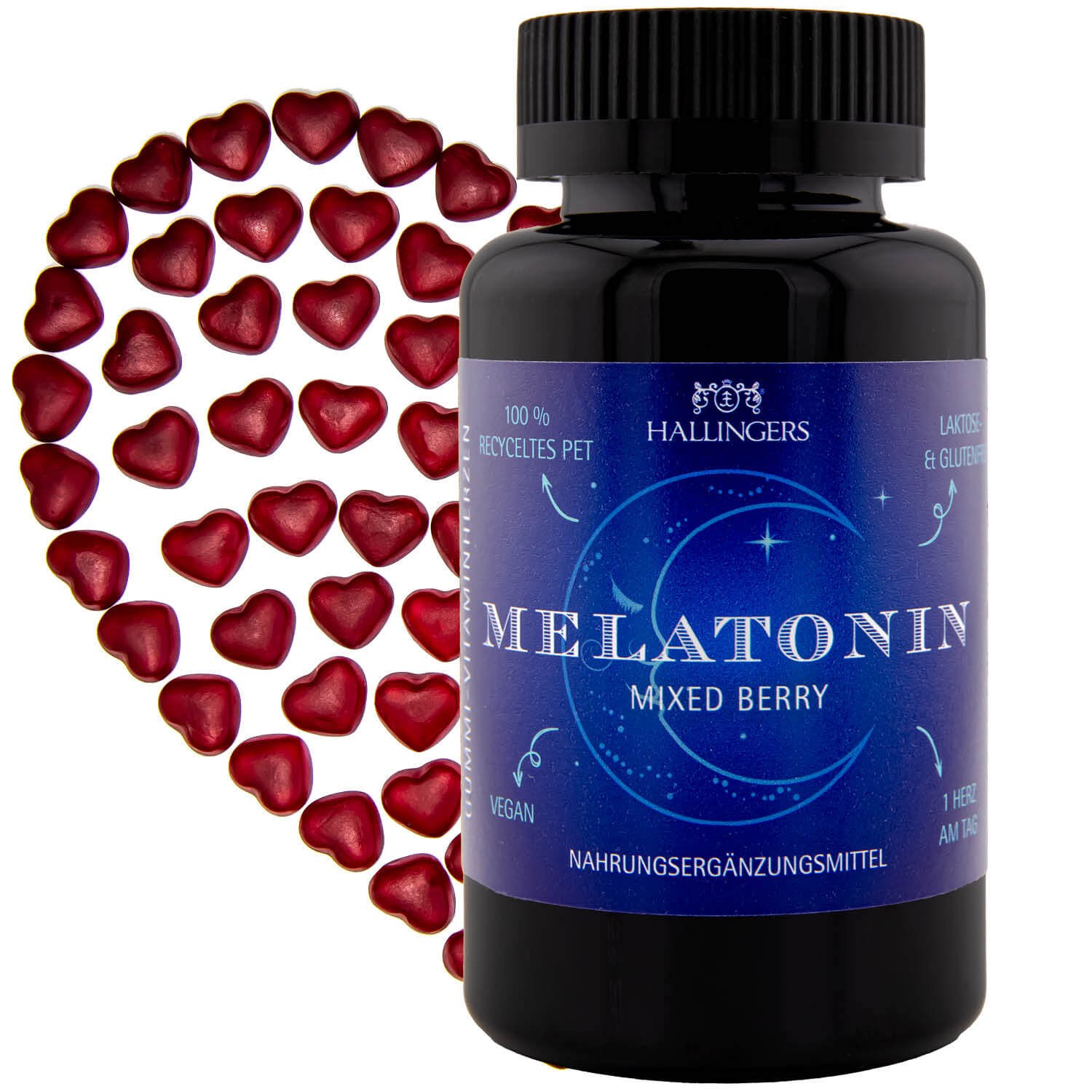 Vitaminherzen Mixed Berry 60 vegane Gummies mit Melatonin hochdosiert, 0,5 mg pro Herz (120g) - Melatonin L