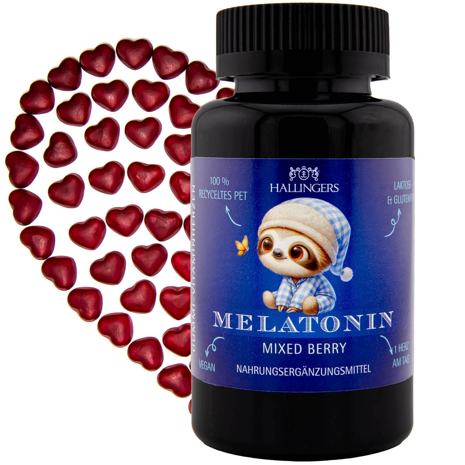 Vitaminherzen Mixed Berry 60 vegane Gummies mit Melatonin hochdosiert, 0,5 mg pro Herz (120g) - Melatonin Kinder Faultier L