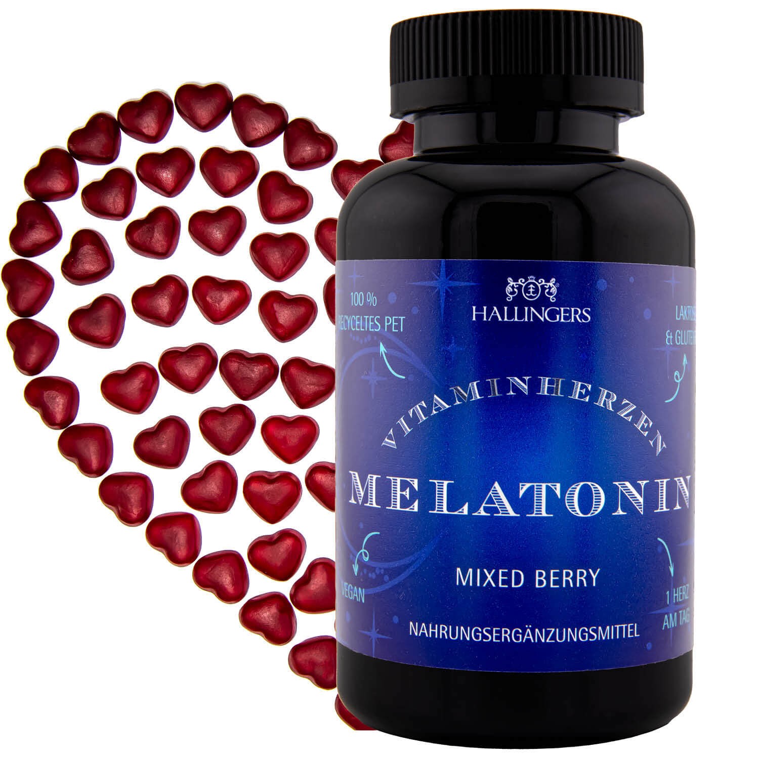 Vitaminherzen Mixed Berry 120 vegane Gummies mit Melatonin hochdosiert, 0,5 mg pro Herz (120g) - Melatonin XL