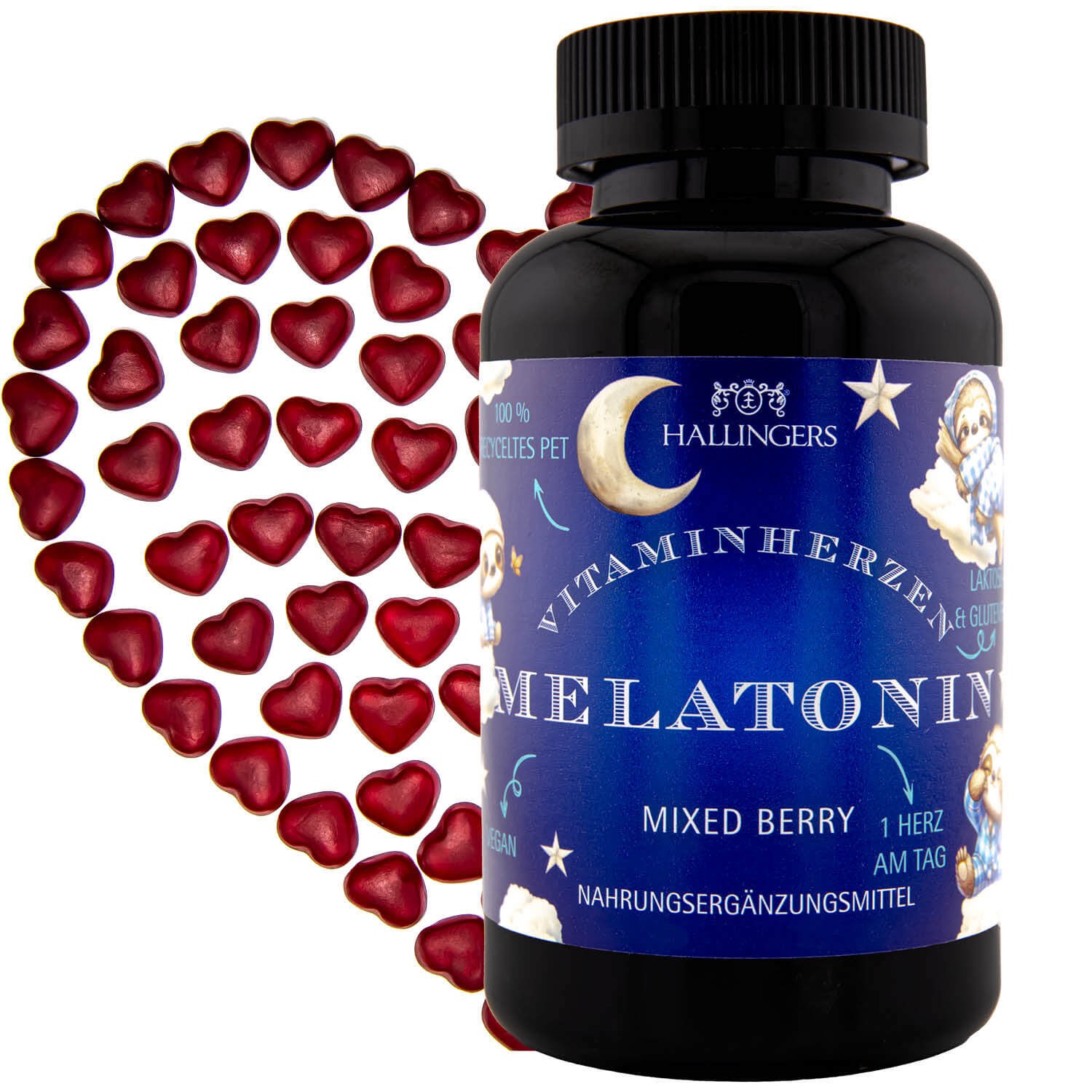 Vitaminherzen Mixed Berry 120 vegane Gummies mit Melatonin hochdosiert, 0,5 mg pro Herz (240g) - Melatonin Kinder Faultiere XL