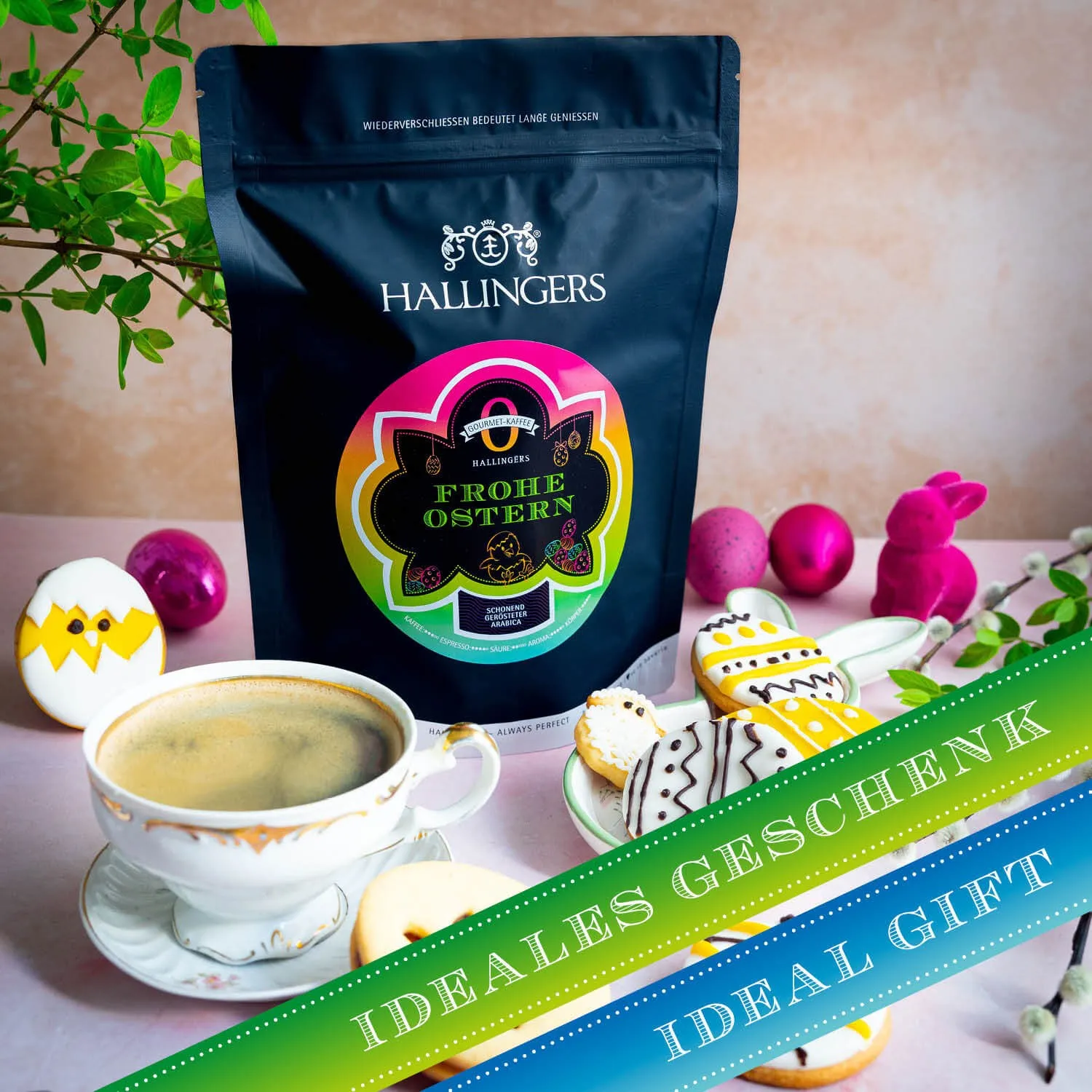 Kaffeeduft weht um die Nasen, liebe Grüße vom Osterhasen!