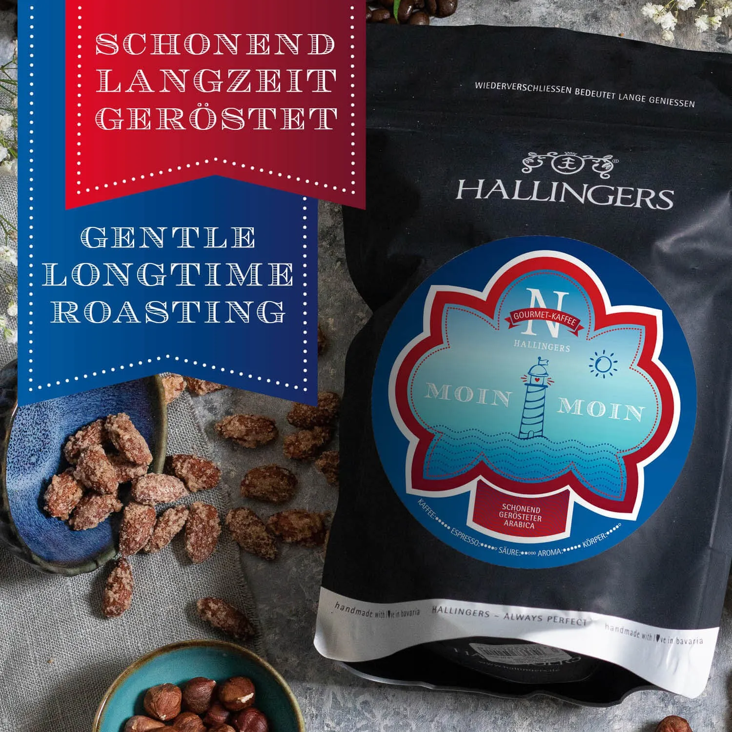 Duft von Kaffee erfüllt den Raum - Voll-aromatisch und ausgewogen, da langzeitgeröstet bei niedrigen Temperaturen!