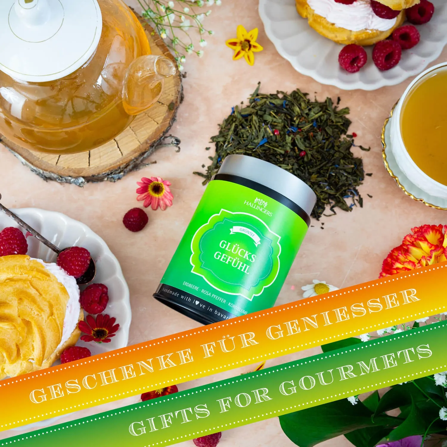 Erdbeere · Rosa Pfeffer · Kornblume\nZubereitung: 80°C, 2-3 Min., 1 TL