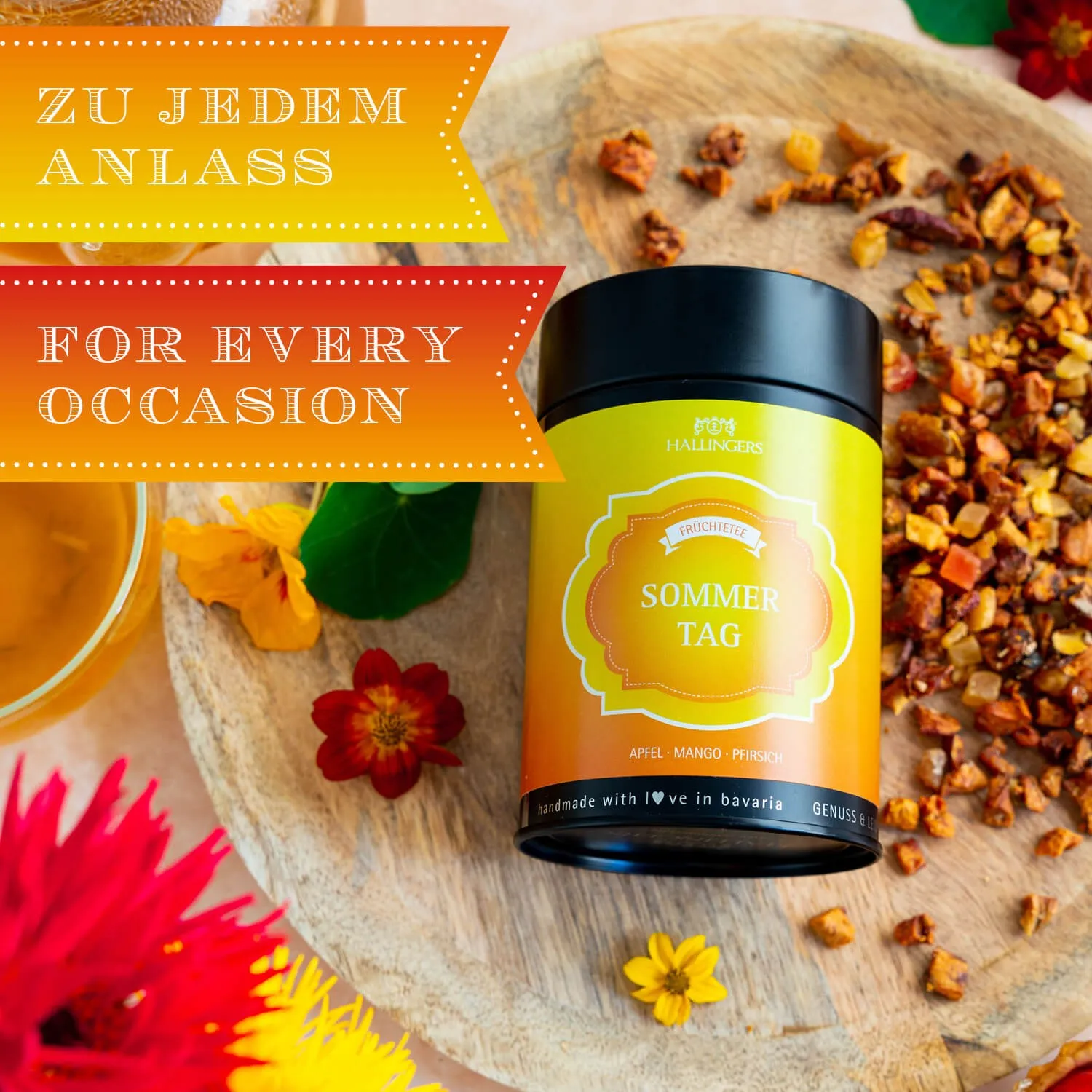 Hochwertiger Früchtetee mit vollreifen Früchten und Blüten aus der Natur.