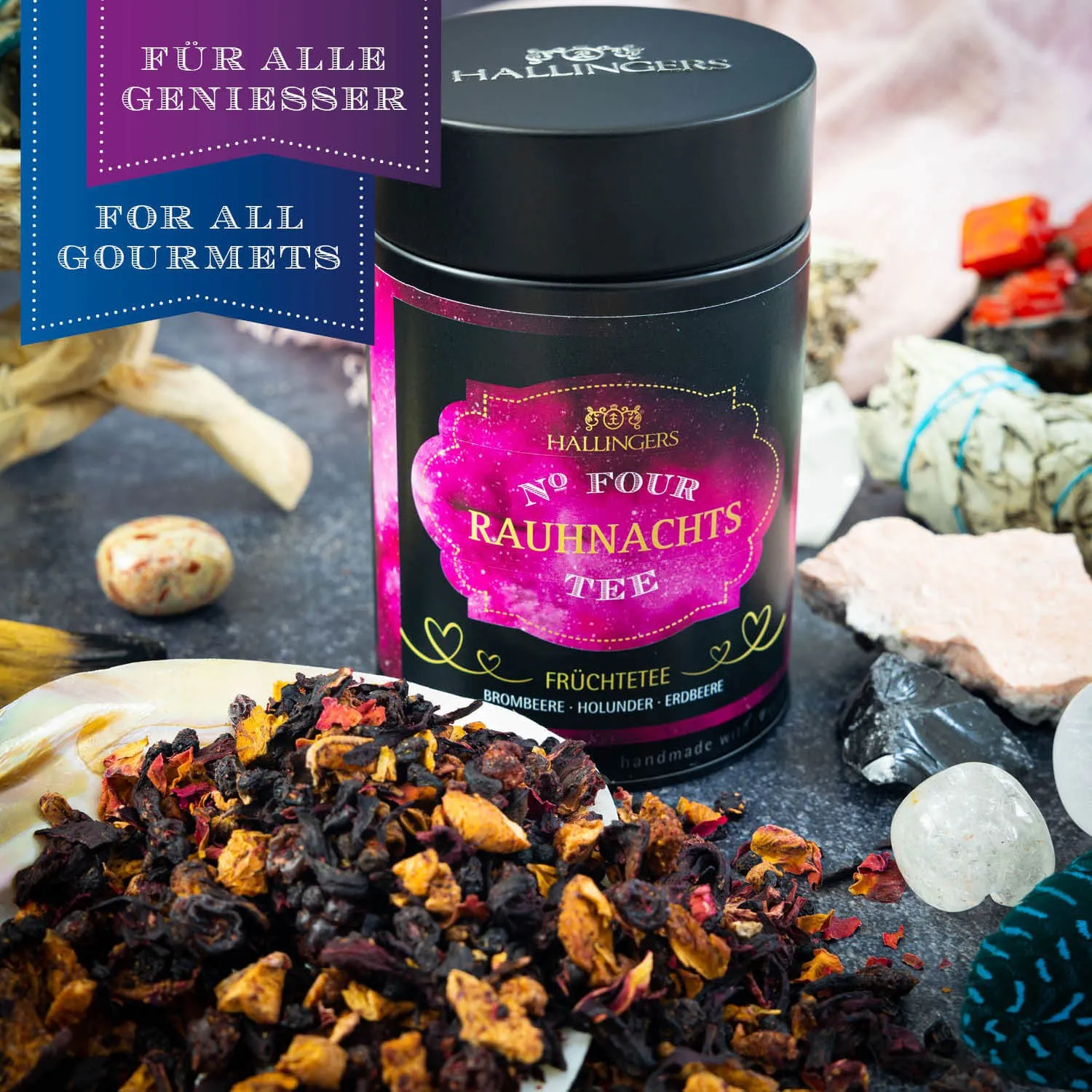 Hochqualitativer Früchtetee, vollgepackt mit vollreifen Früchten und Blüten aus der Natur.