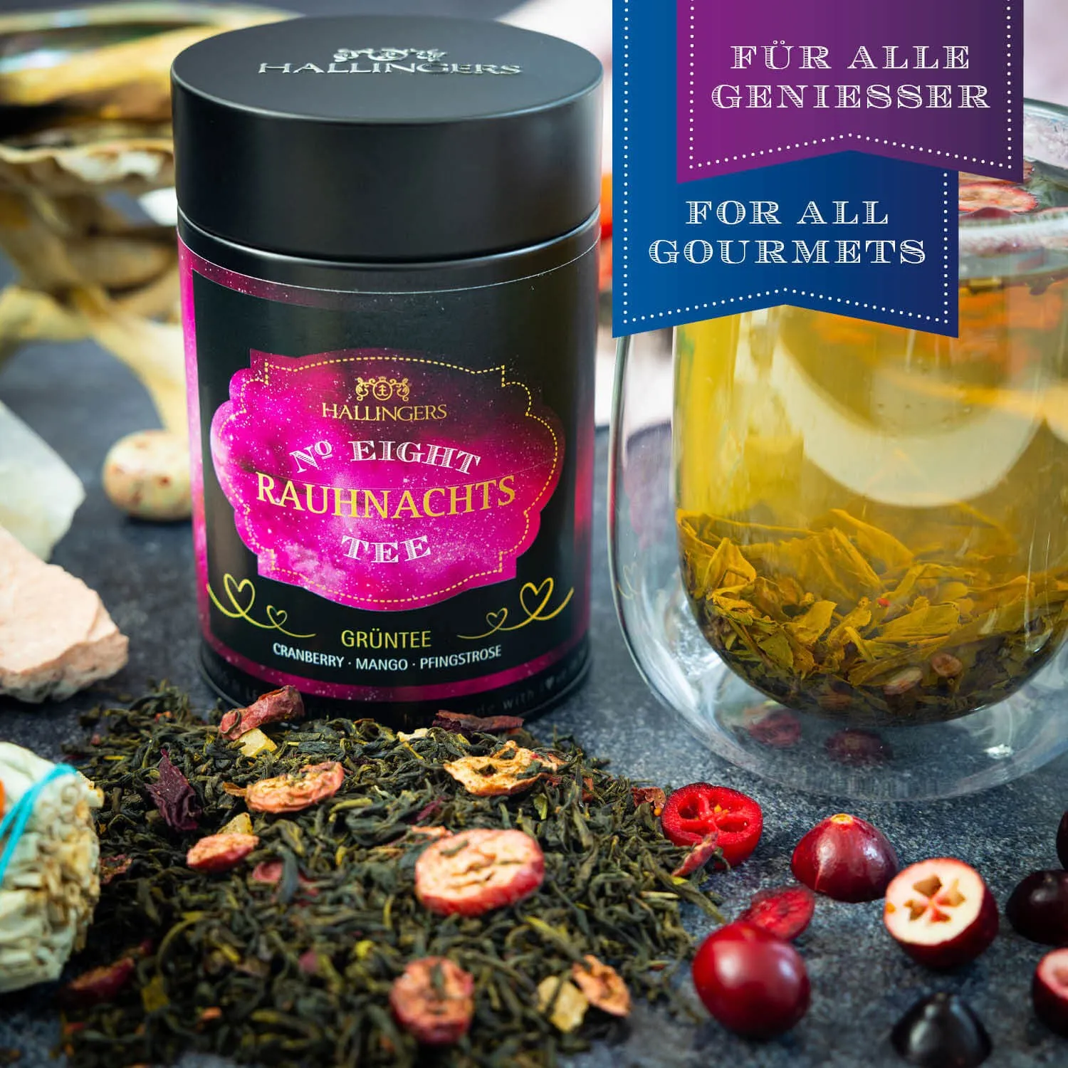 Hochqualitativer Früchtetee, vollgepackt mit vollreifen Früchten und Blüten aus der Natur.