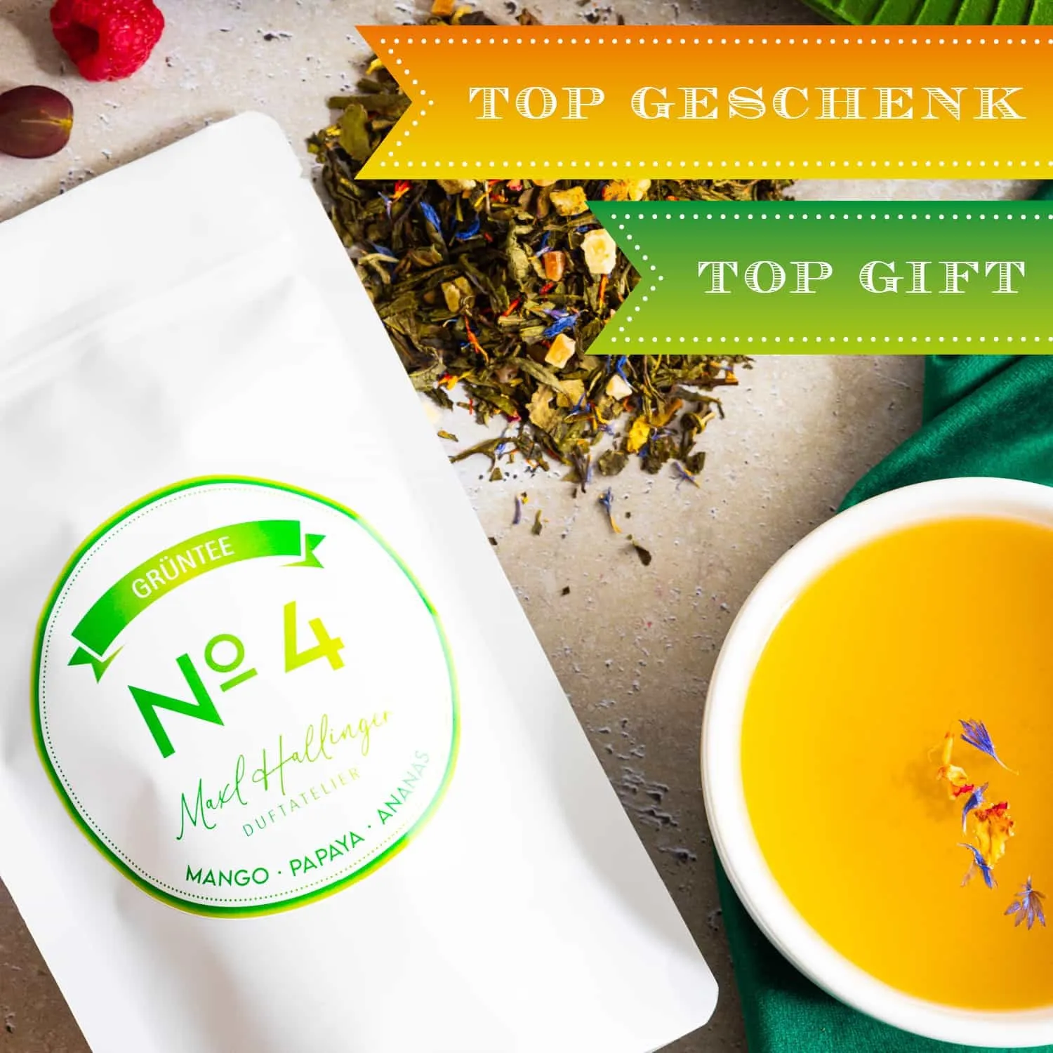 Hochwertiger Grüntee, reich an natürlichem Koffein, L-Theanin, Theobromin, Vitaminen und Mineralstoffen.