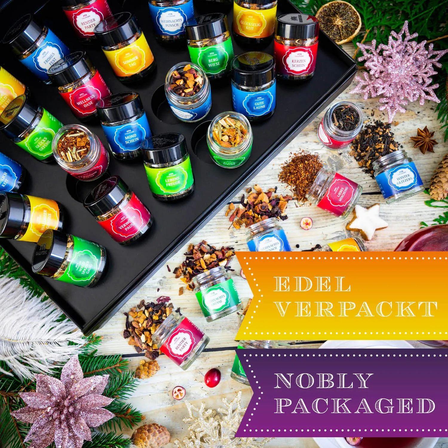 Genieße die Weihnachtszeit mit einer täglichen Kanne Hallingers Tee.