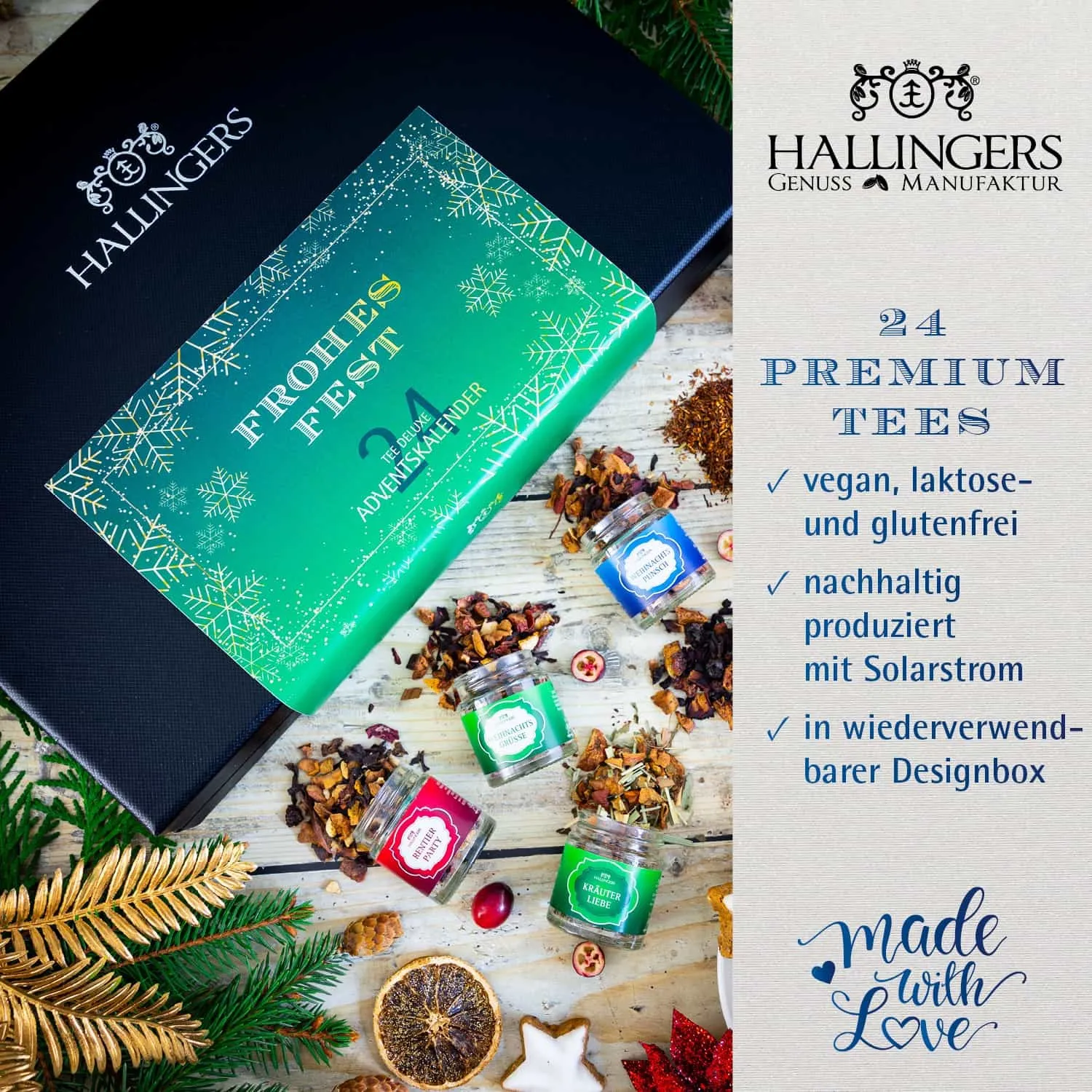 Überrasche Deine Liebsten mit einem originellen Adventskalender von Hallingers. Das perfekte Geschenk für alle Teeliebhaber!