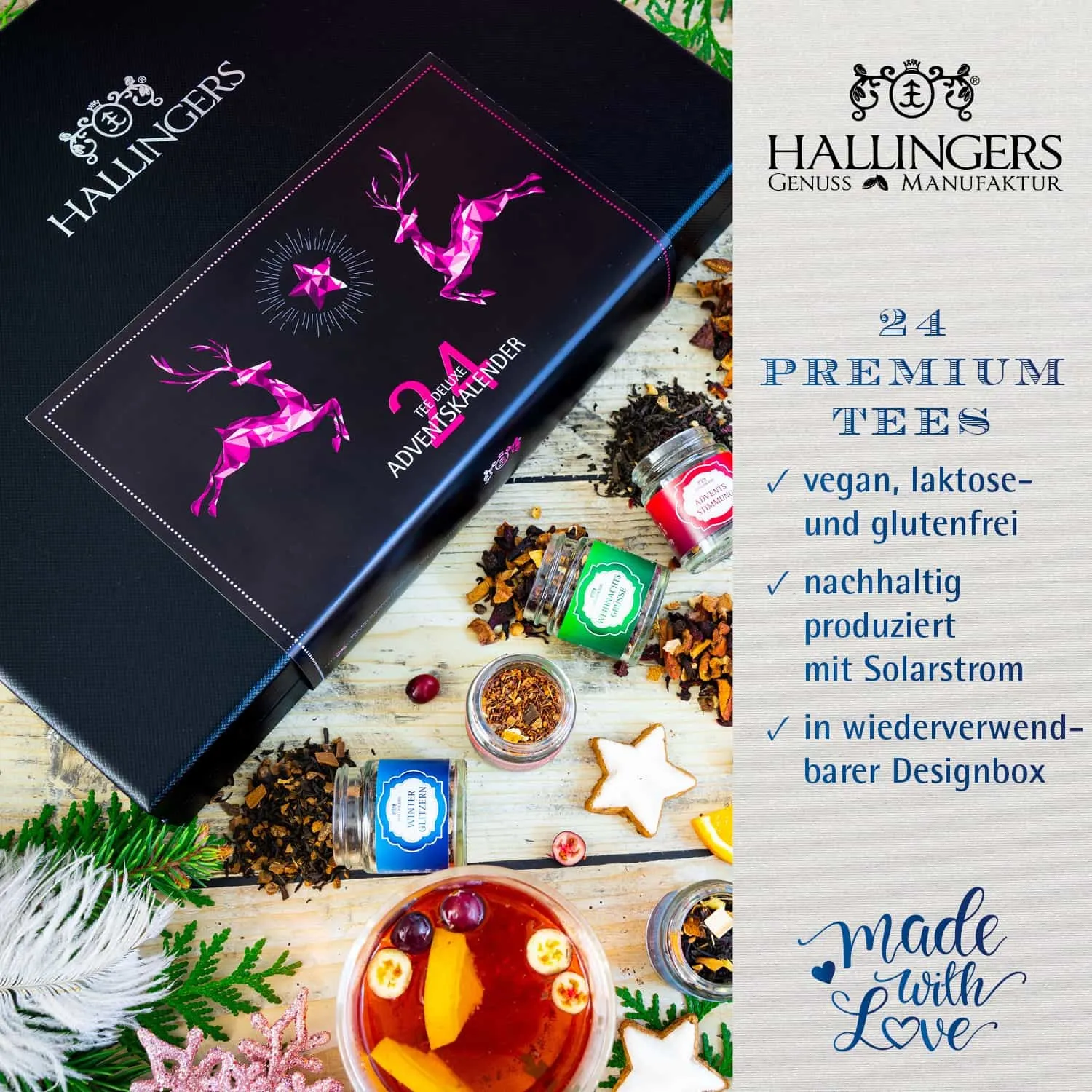 Überrasche Deine Liebsten mit einem originellen Adventskalender von Hallingers. Das perfekte Geschenk für alle Teeliebhaber!
