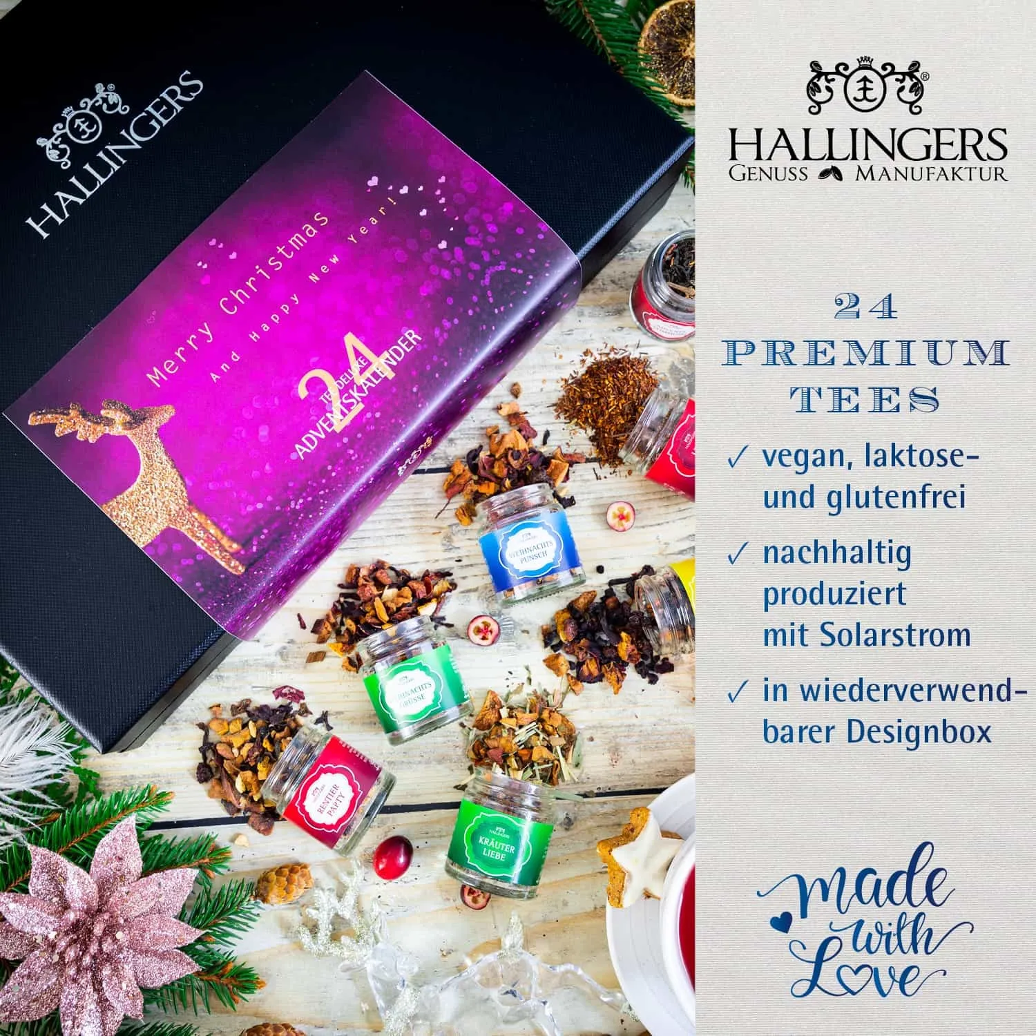 Überrasche Deine Liebsten mit einem originellen Adventskalender von Hallingers. Das perfekte Geschenk für alle Teeliebhaber!