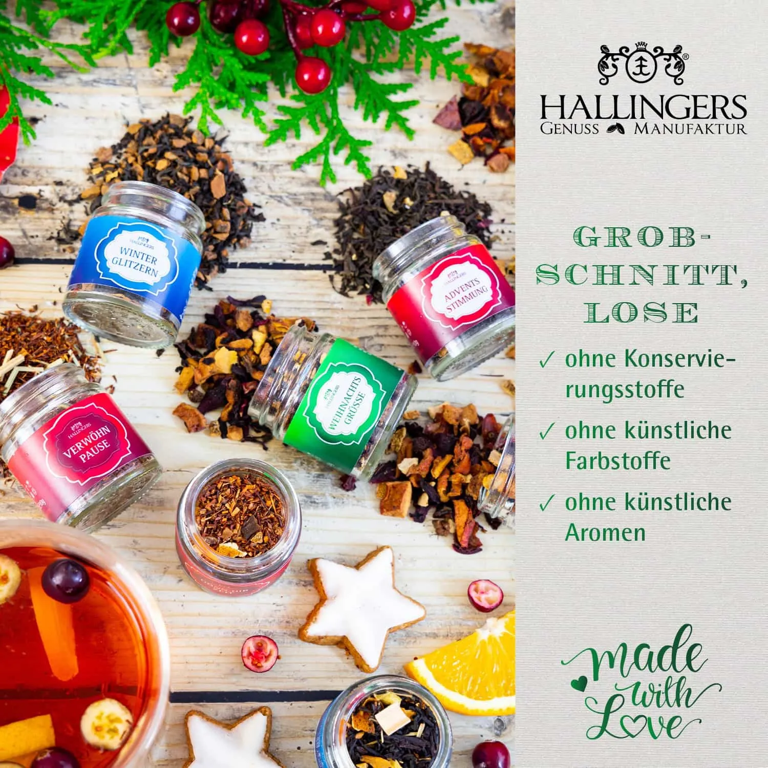 Genieße die Adventszeit mit einer täglichen Kanne Hallingers Tee. Das perfekte Geschenk für alle Teeliebhaber!