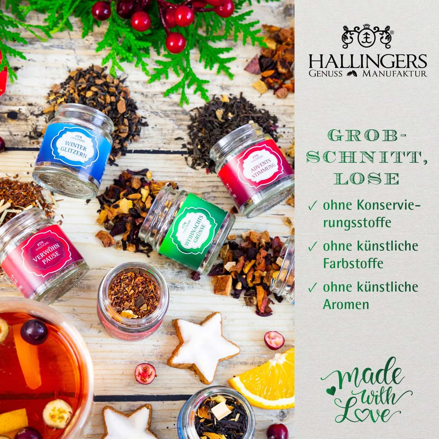 Genieße die Adventszeit mit einer täglichen Kanne Hallingers Tee. Das perfekte Geschenk für alle Teeliebhaber!